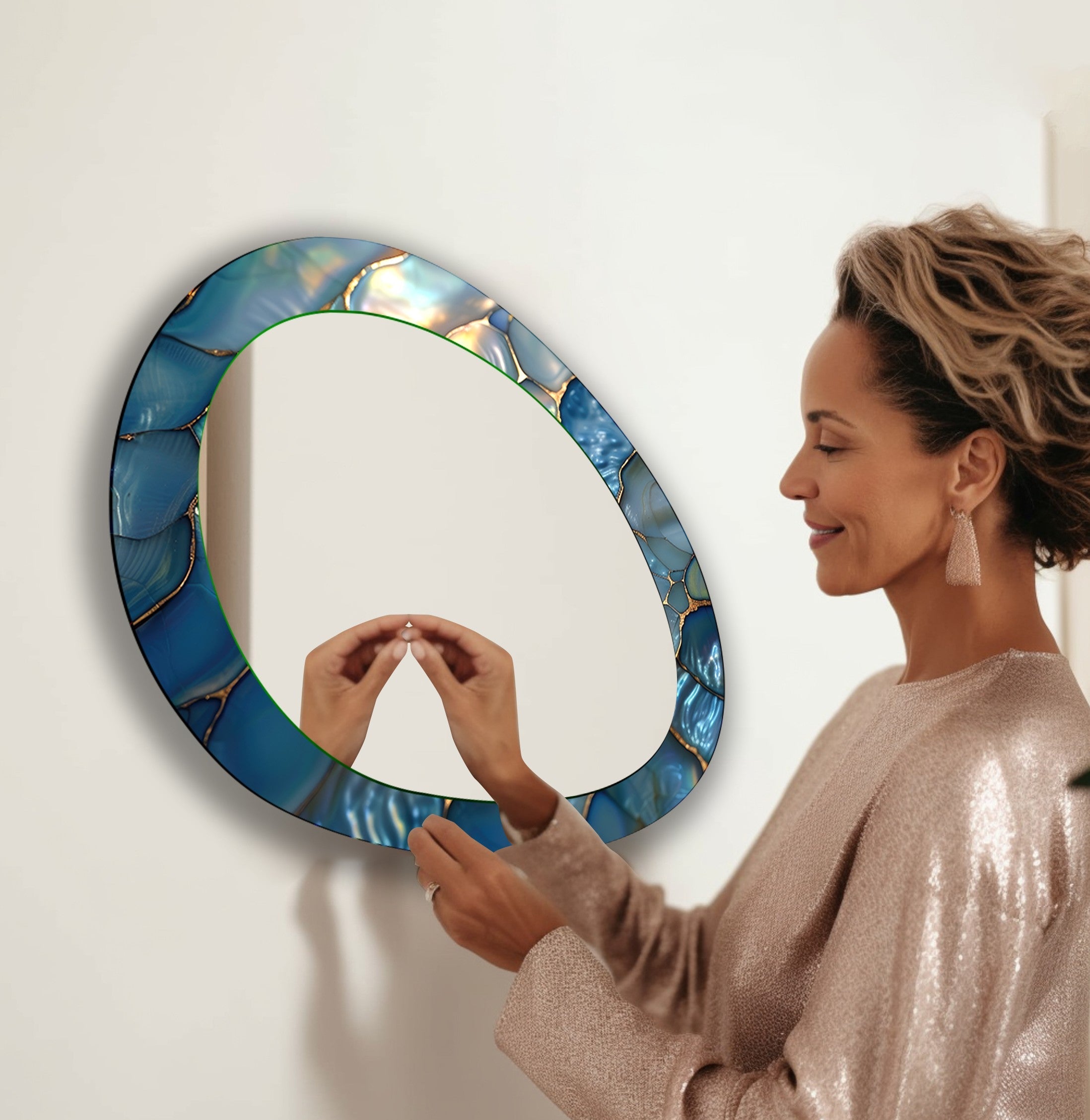 Blue Metallic Abstract Wall Mirror - Modern Decorative Mirror for Living Room, Bedroom & Entryway - Stylish Home Decor & Interior Design Accent