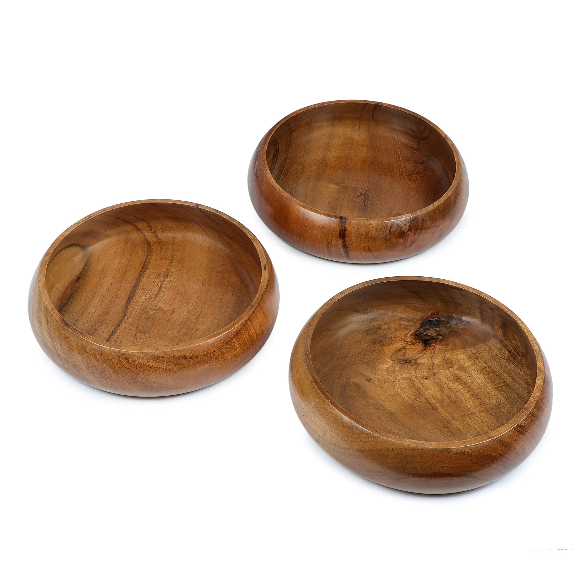 Premium Acacia Wood Bowls Set of 3 - 8x2 Inches (25 oz) for Salad, Pasta, Rice & More | Eco-Friendly Kitchenware for Healthy Meals, Snacks & Smoothie Bowls | Perfect for Dining, Entertaining & Meal Prep