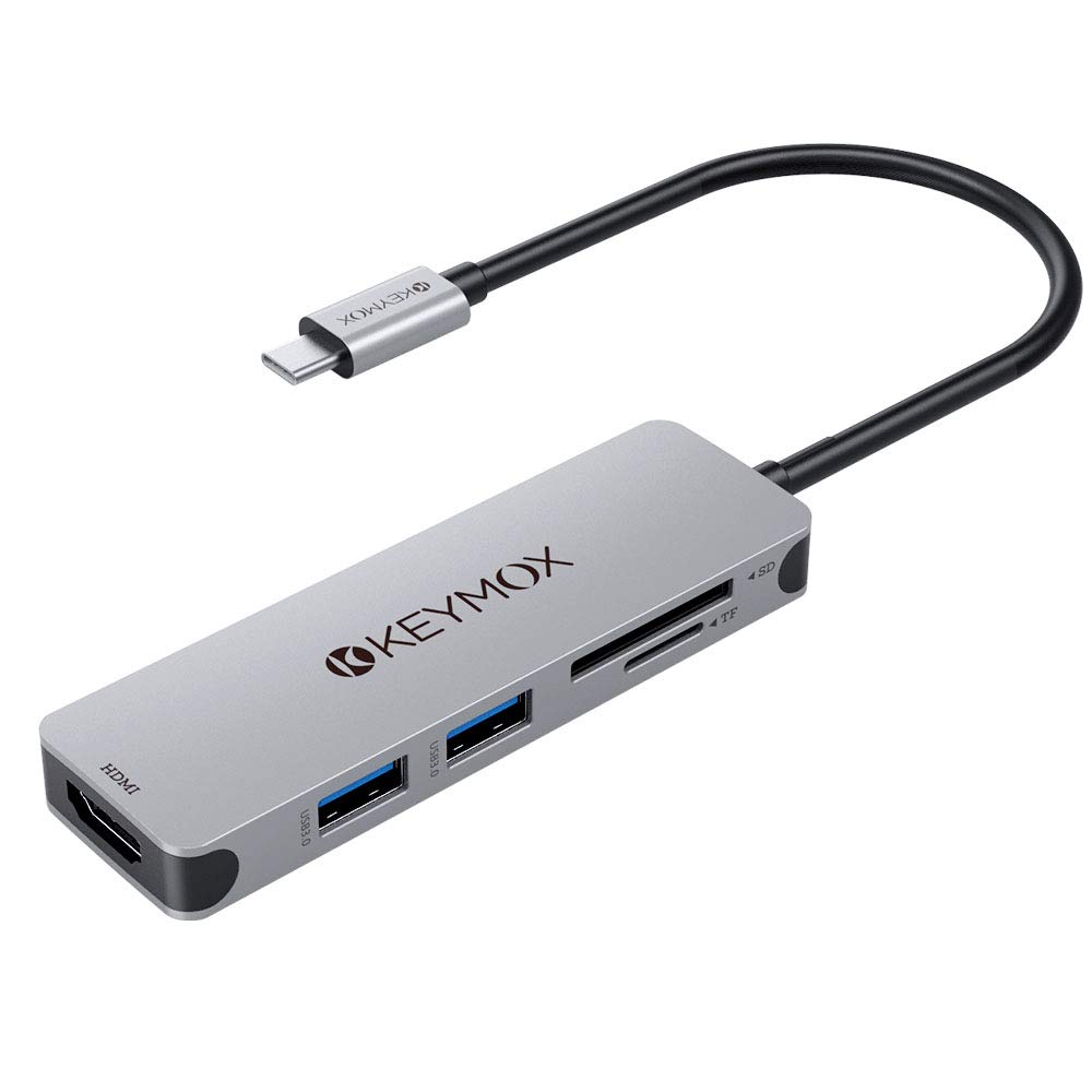 Keymox 5-in-1 USB C Hub with HDMI, 2 USB 3.0 Ports, 4K HDMI Output, SD/TF Card Reader - Compatible with MacBook Pro/Air & Windows Laptops (Grey) - Perfect for Work, Travel & Home Office Connectivity