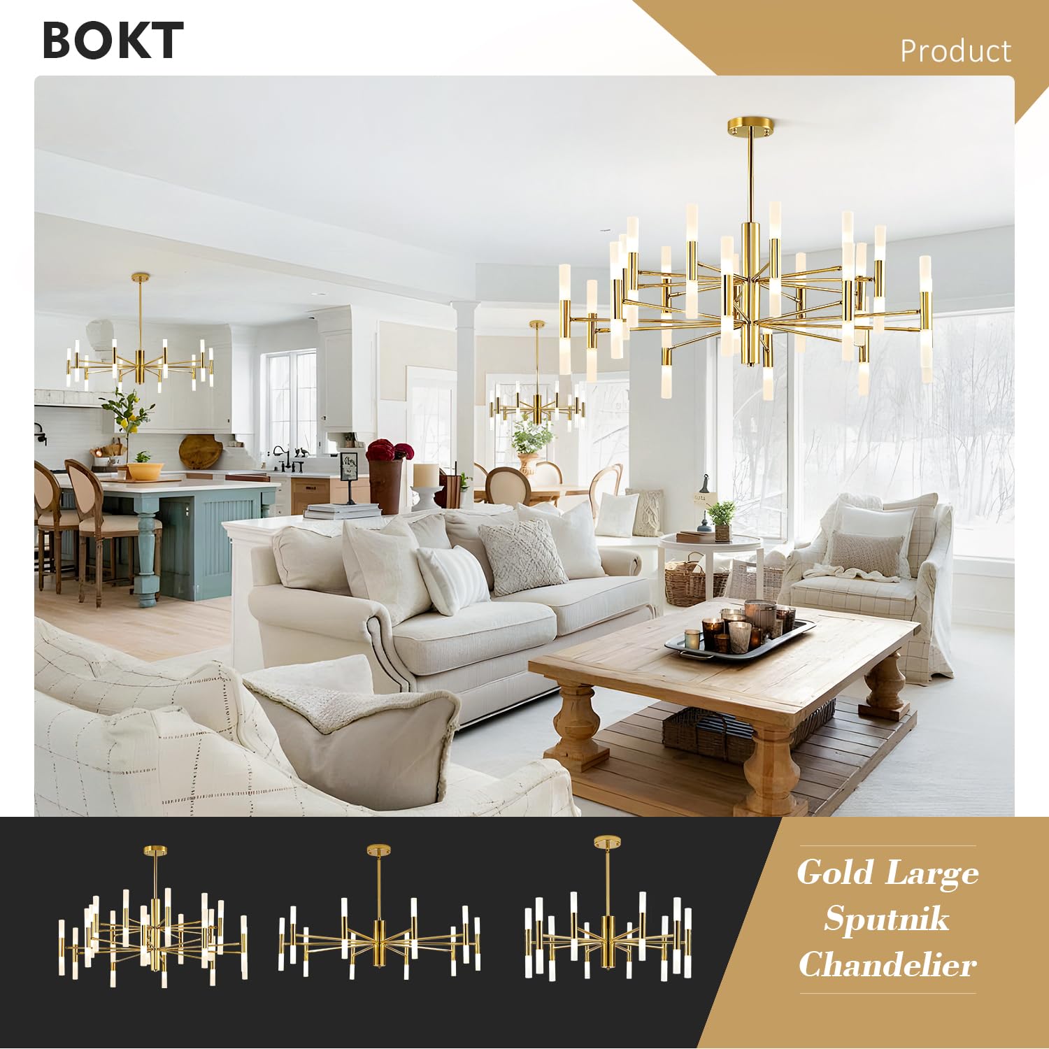 BOKT Modern 20-Light LED Sputnik Chandelier - Mid Century Pendant Light with Acrylic White Shades & Gold Finish - Semi Flush Mount Ceiling Fixture for Dining Room, Living Room, Bedroom (Small Size)