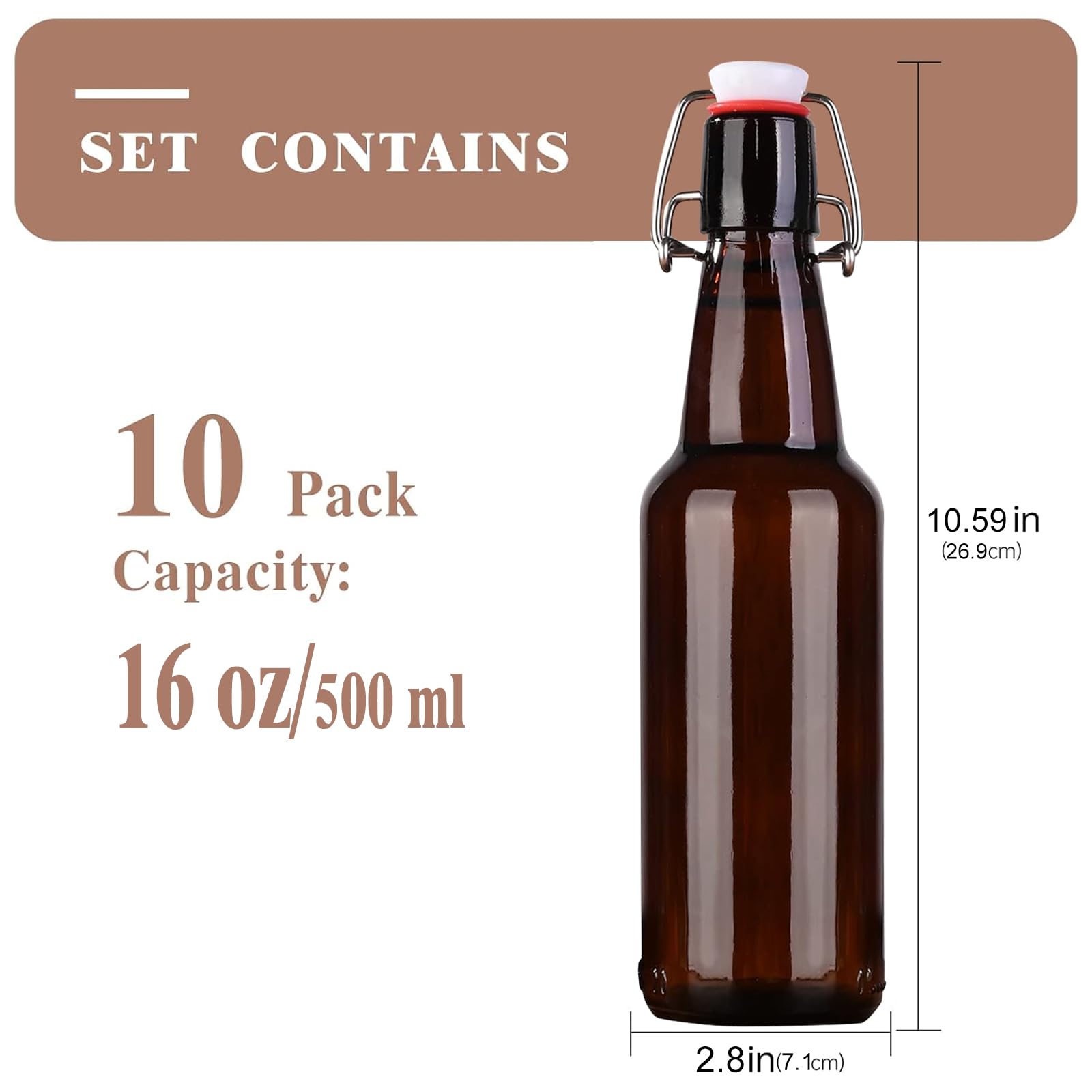 16.5 oz 10 Pack Amber Swing Top Glass Bottles with Airtight Lids - Perfect for Home Brewing, Fermenting Kombucha, Making Vanilla Extract, Storing Beverages, Water & Kefir - Ideal for DIY Projects, Kitchen Storage & Gifts