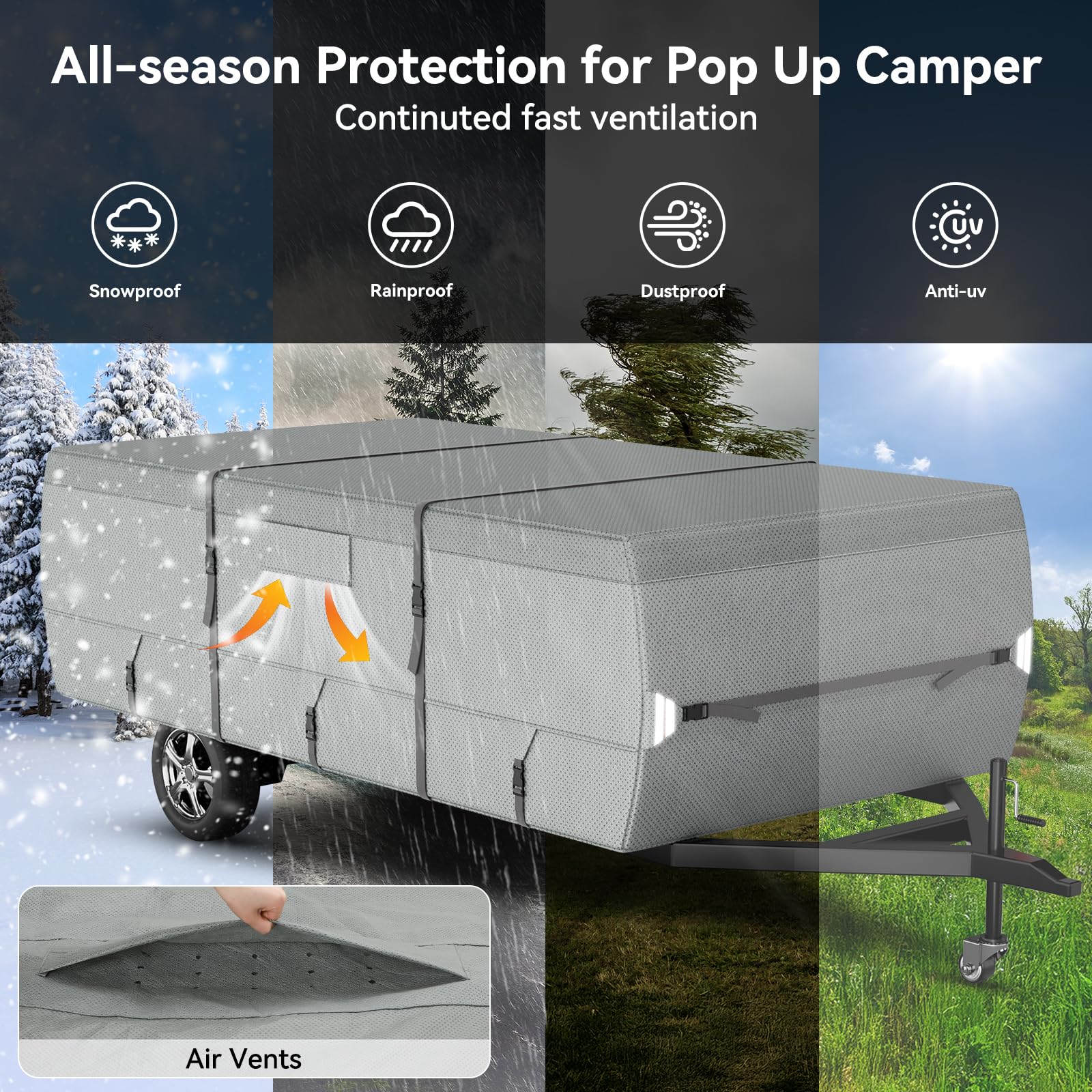 7-Layer Waterproof Pop Up Camper Cover - Heavy Duty RV Trailer Cover for Winter Snow Protection with Windproof 5+2 Straps (14'-16' Length, Gray) | Durable Tear-Resistant Non-Woven Fabric | Perfect for Outdoor Camping, Travel & Winter Storage