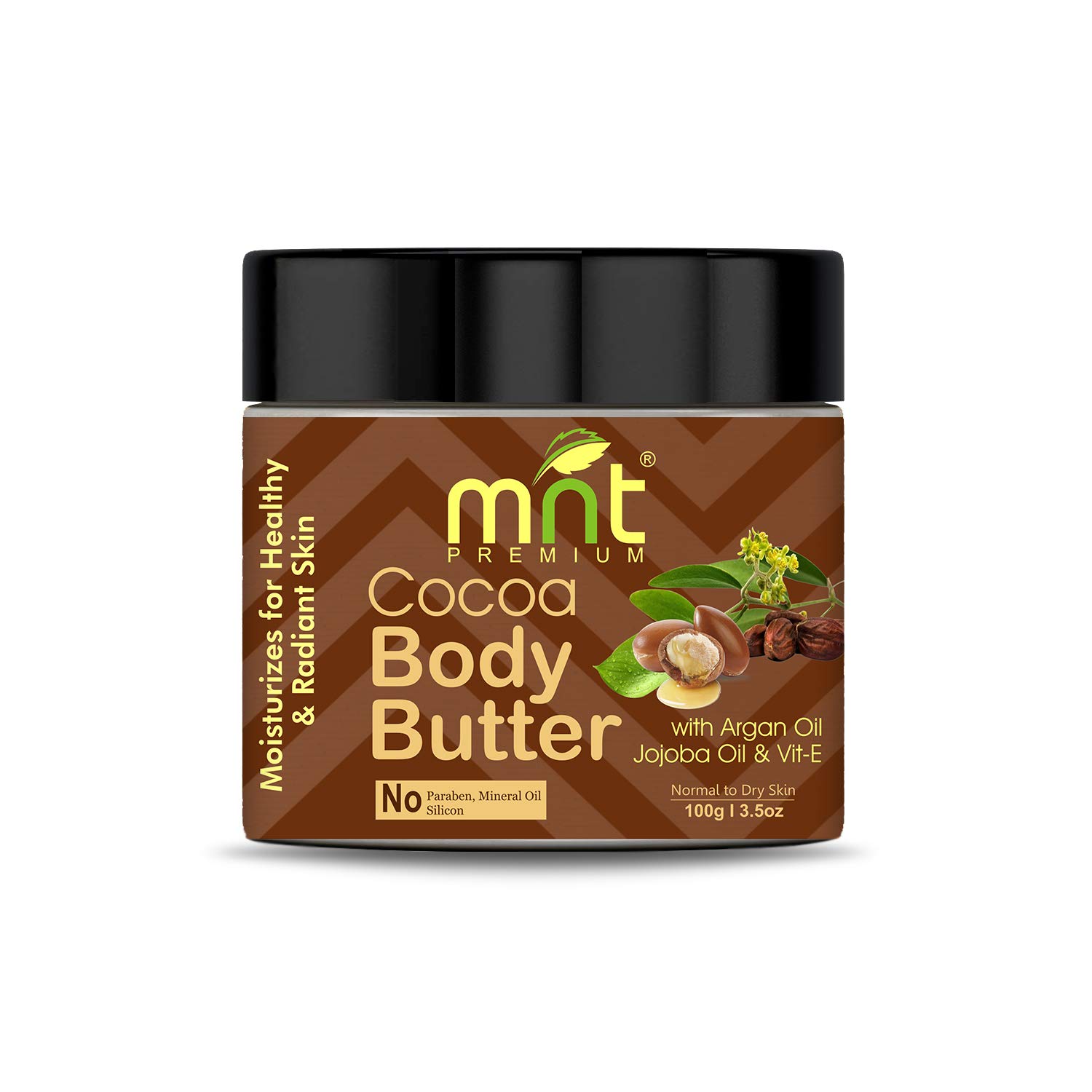 Organic MNT Cocoa Body Butter with Argan Oil, Jojoba Oil & Vitamin E - Deep Moisturizing Cream for Dry Skin - 100g Jar for Healthy, Glowing Skin - Perfect for Night Care & Massage Therapy
