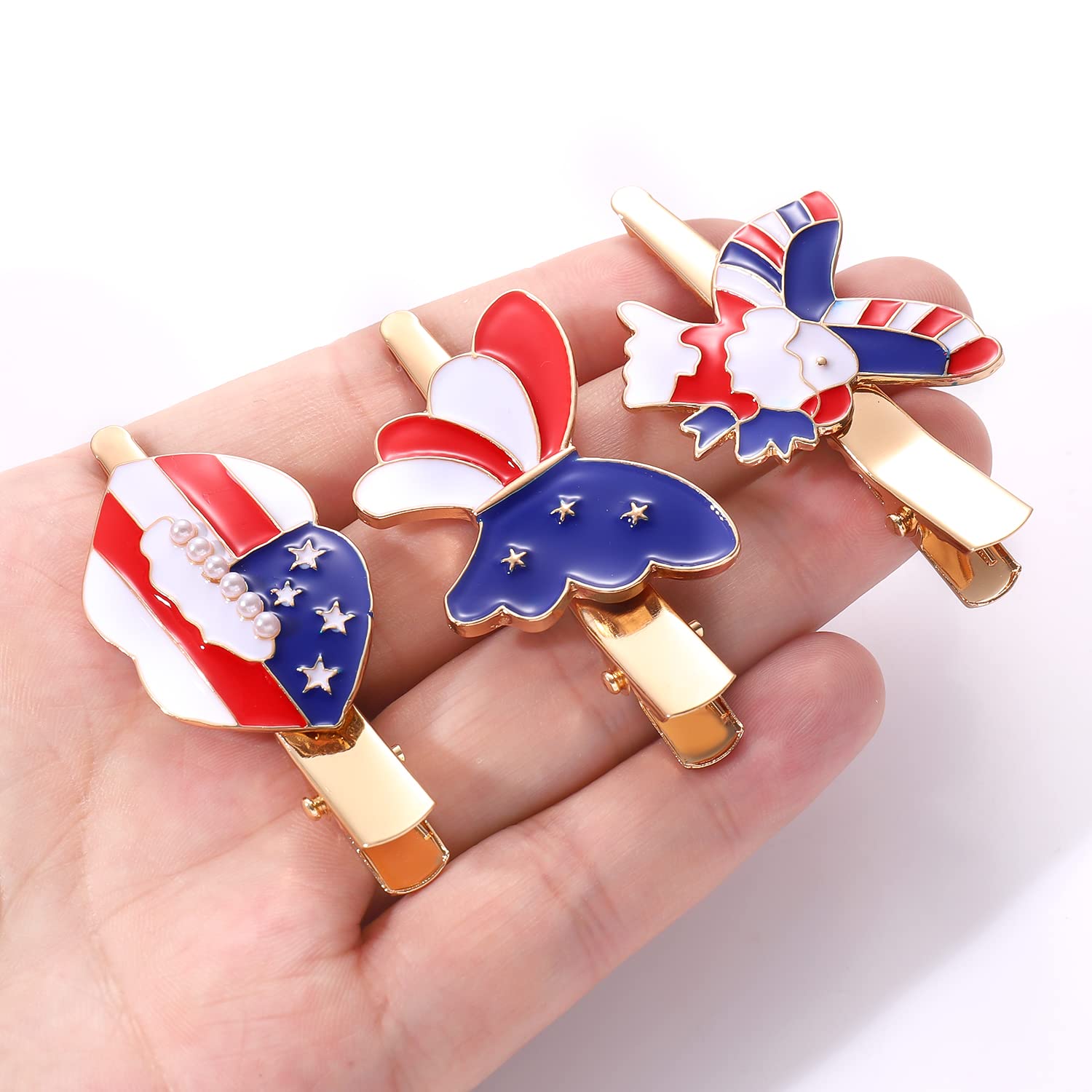 Patriotic American Flag Hair Clips with Rhinestones - Red White Blue Heart Hairpins for Women & Teens - 4th of July Independence Day Party Accessories - Fashion Hair Clips for Holidays, Celebrations & Gifts (3 Pairs) - Perfect for July 4th Parades, BBQ Parties & Patriotic Events