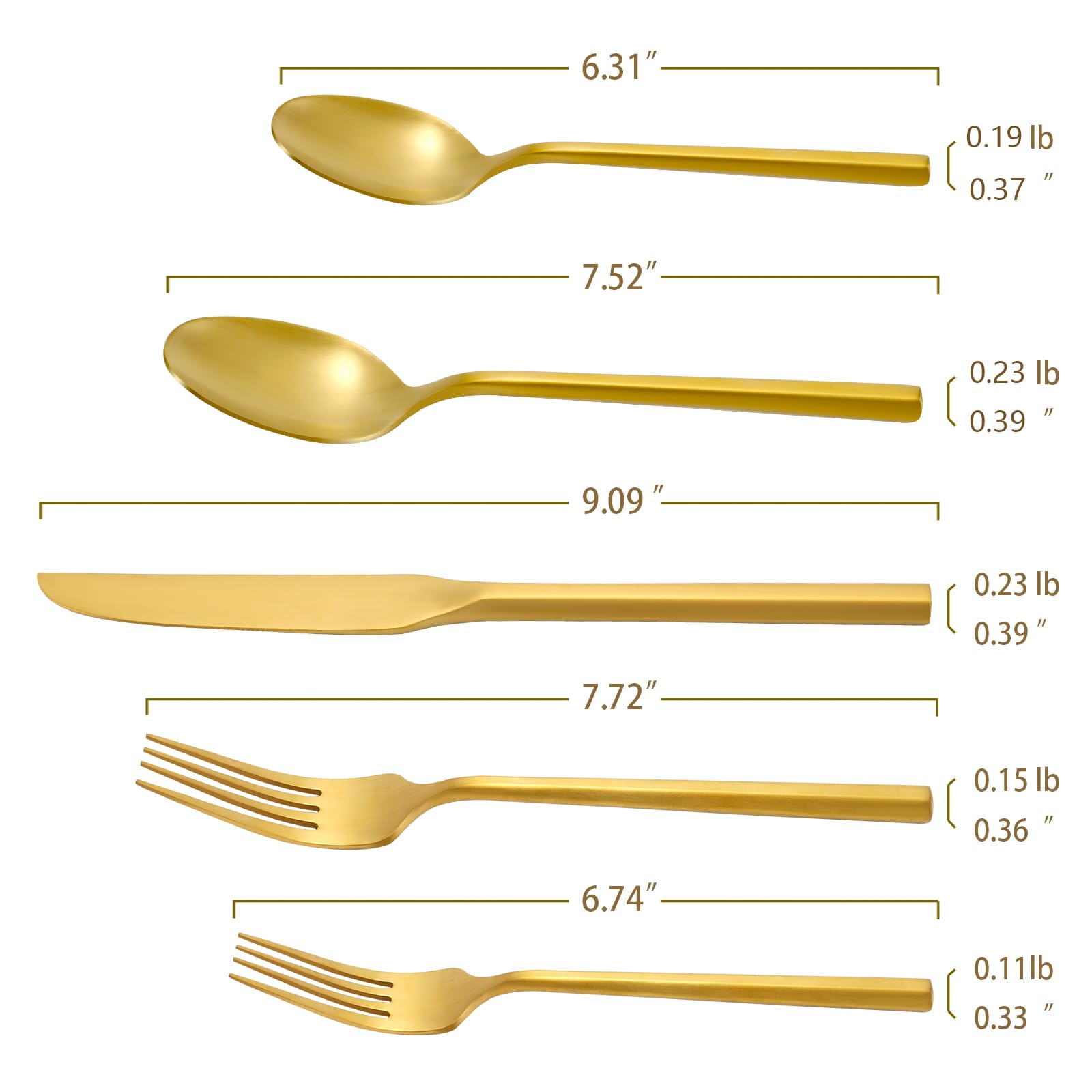 Premium 40-Piece Matte Gold Flatware Set - Stainless Steel Cutlery with Brushed Brass Hexagon Handle - Dishwasher Safe Silverware for 8 - Perfect for Dinner Parties, Weddings & Upscale Dining