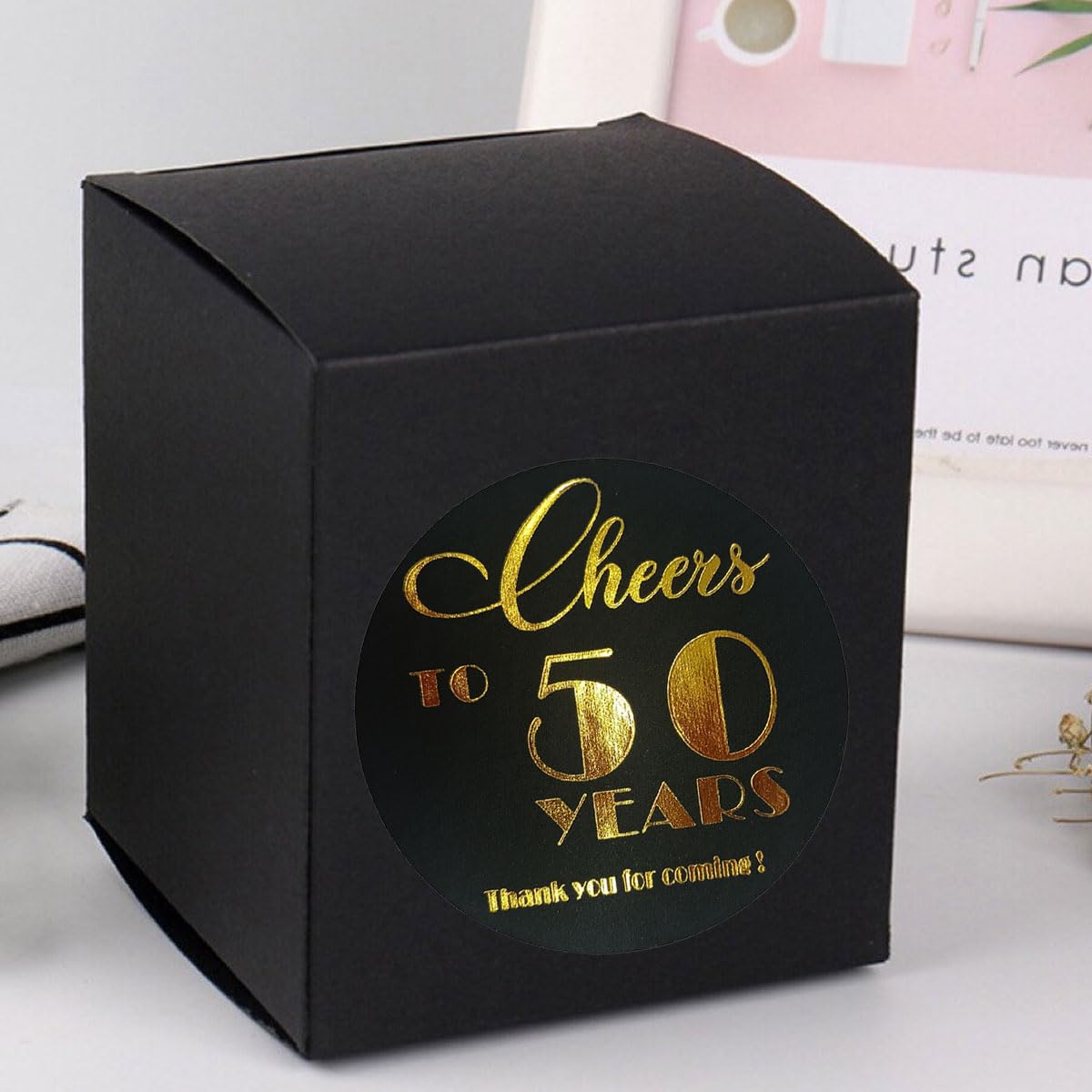 50th Birthday & Anniversary Party Stickers - Set of 100 Black & Real Gold Foil Round Labels (1.6