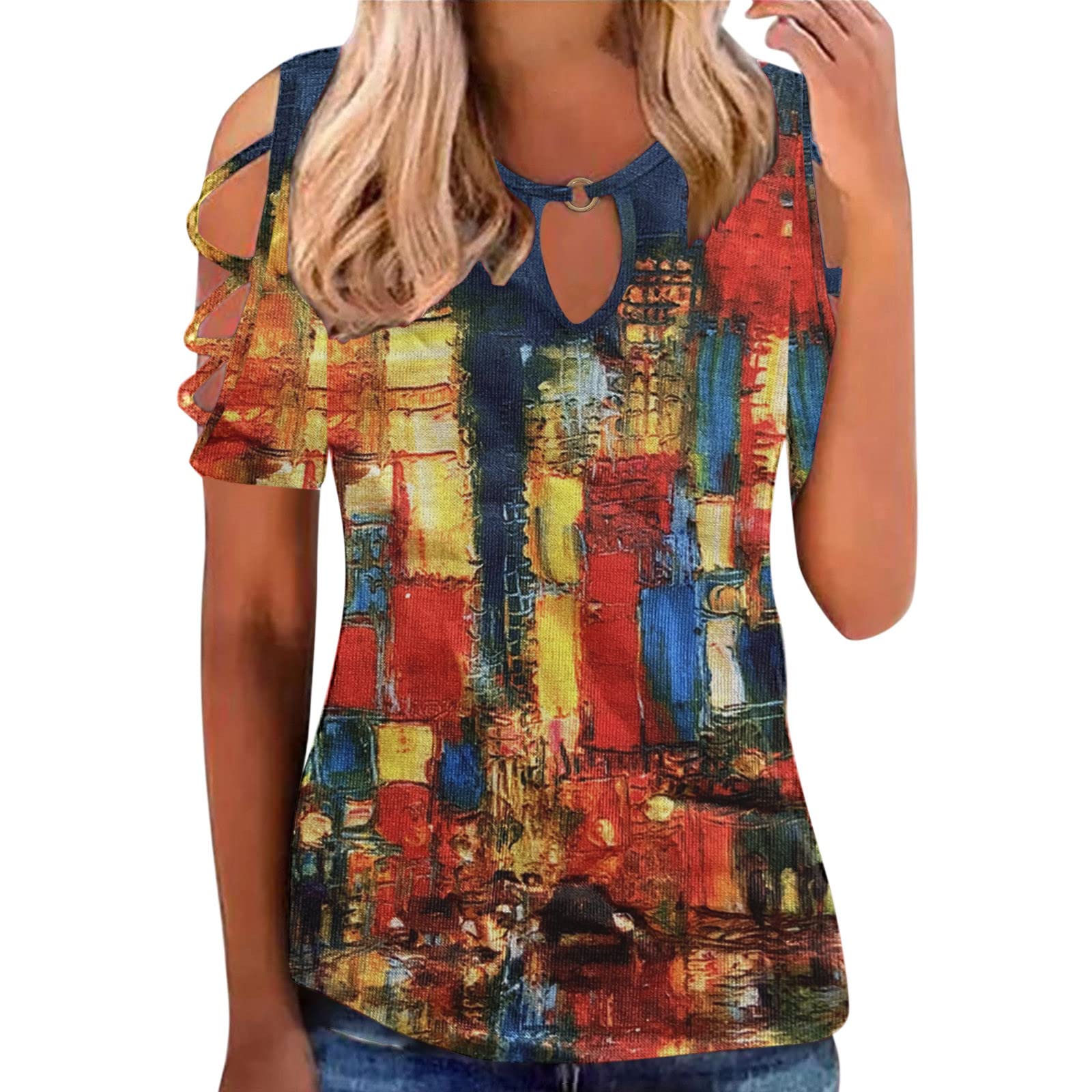 Women's Hollow Out Short Sleeve Tops - Crewneck Cold Shoulder T-Shirts for Summer | Casual Sexy Floral Shirts | Perfect for Beach, Party & Date Night Outfits