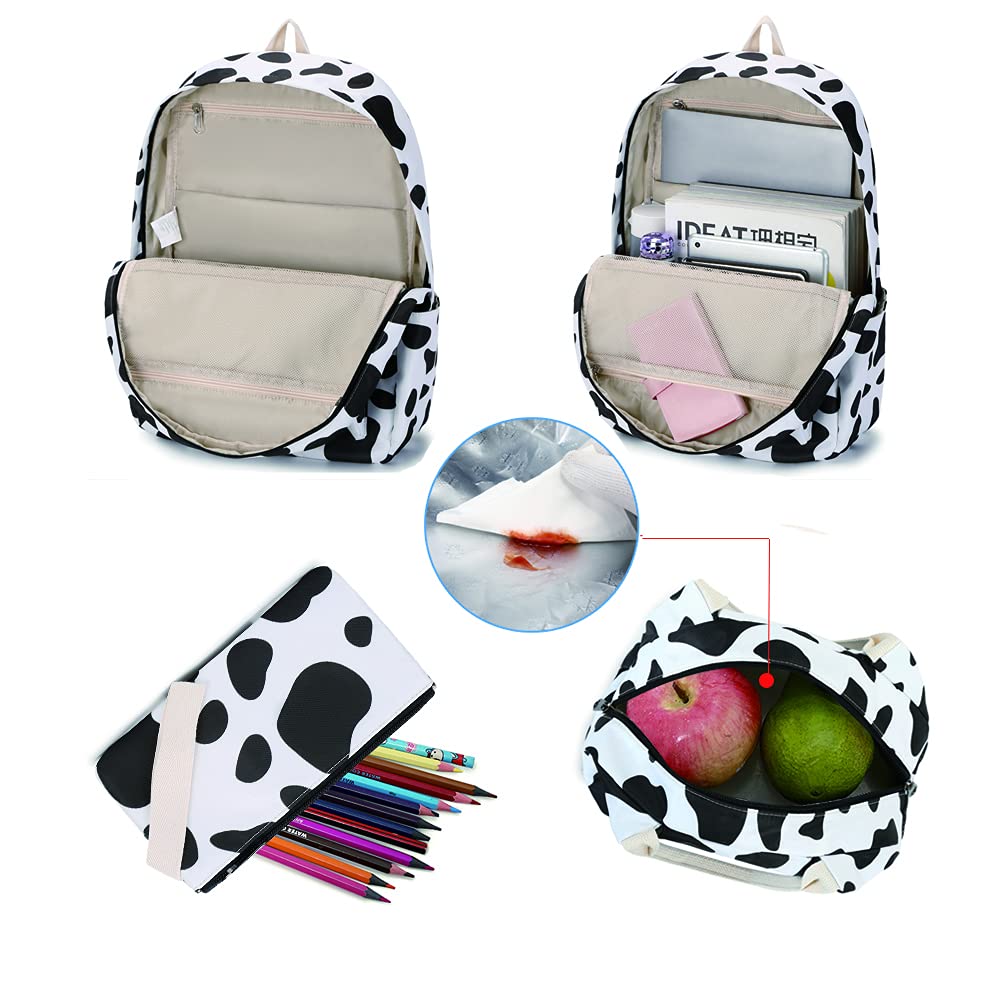 **Cow Print Backpack for Teen Girls - Lightweight High Capacity School Backpack with Lunch Bag 3-Piece Set (Cute Cow Pattern) - Perfect for Middle School, Travel & Daily Use**
