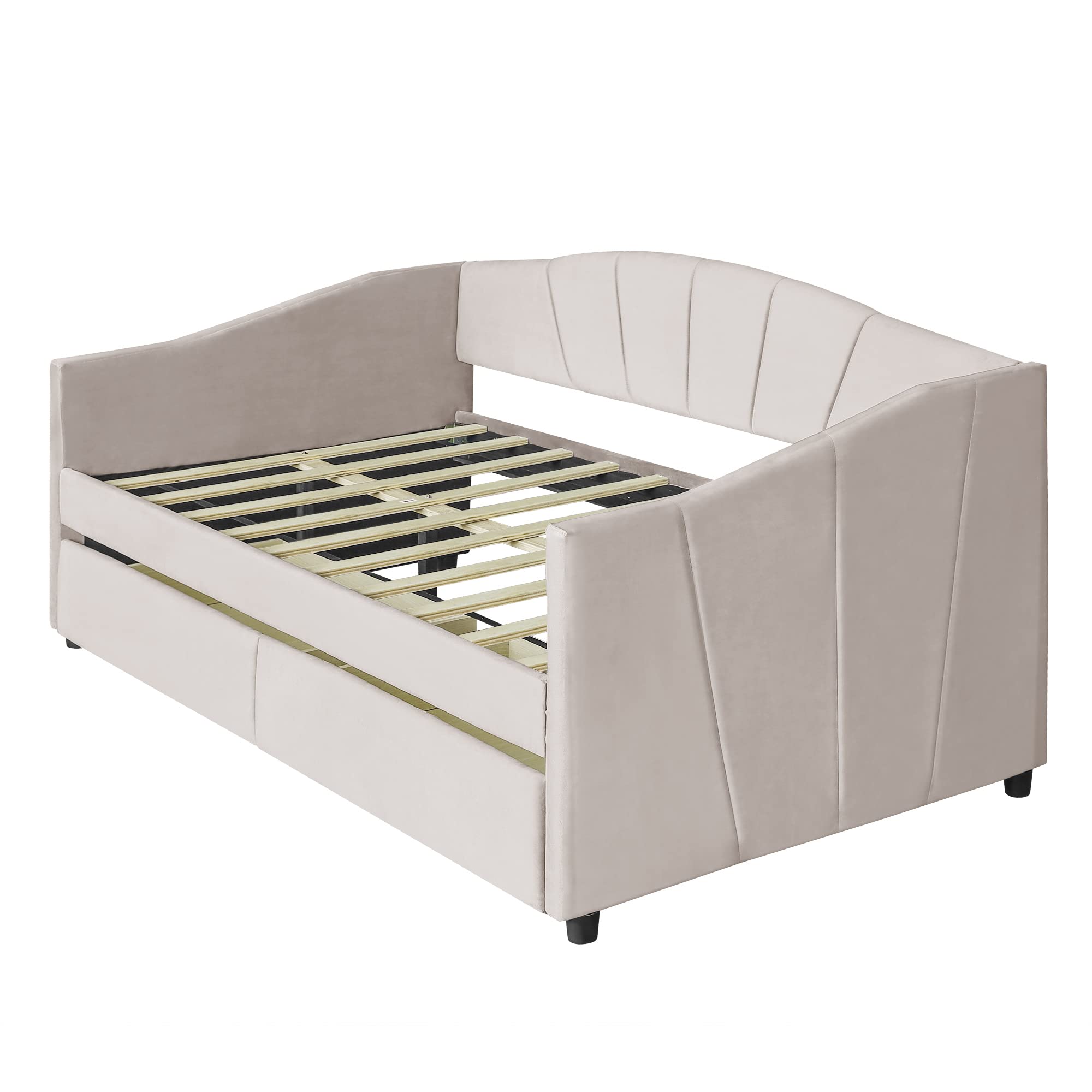 SOFTSEA Twin Upholstered Daybed with 2 Storage Drawers - Velvet Tufted Sofa Bed Frame with Wood Slat Support for Bedroom & Living Room - Beige Modern Furniture for Small Spaces, Guest Room & Studio Apartments