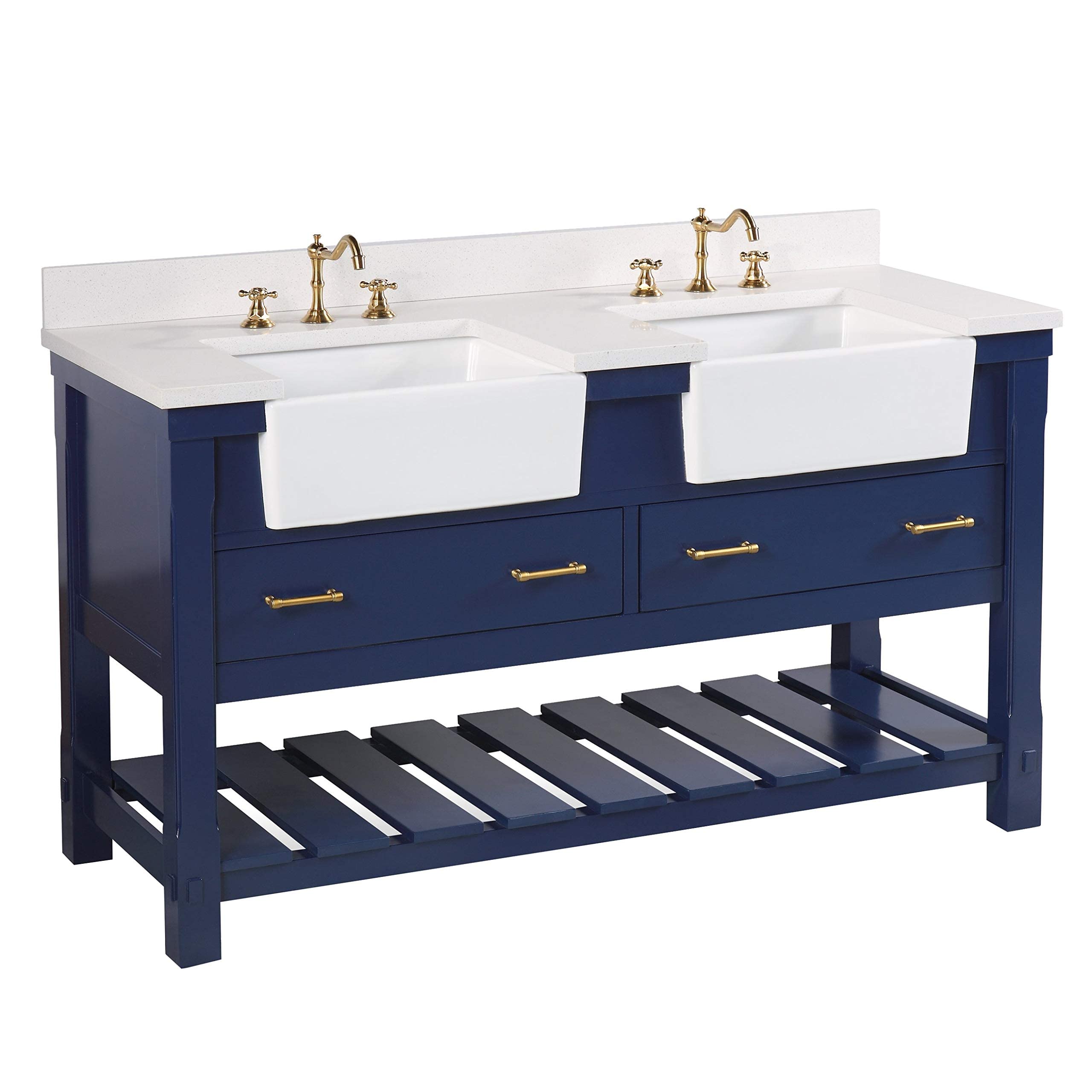 Charlotte 60-inch Double Bathroom Vanity with Quartz Countertop & Royal Blue Cabinet - Farmhouse Apron Sink Included | Modern Bathroom Storage Solution for Master Bath, Guest Bath & Powder Room