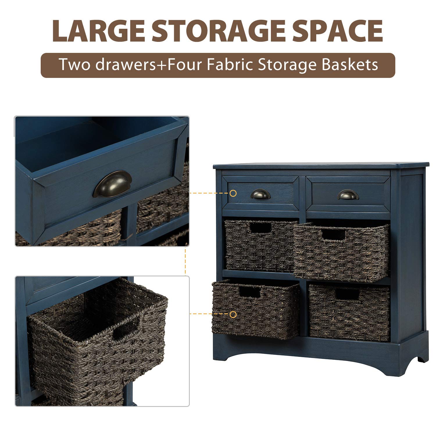 Wood Storage Cabinet with 2 Drawers & 4 Baskets - Entryway Organizer for Living Room & Dining Room (Navy Blue)