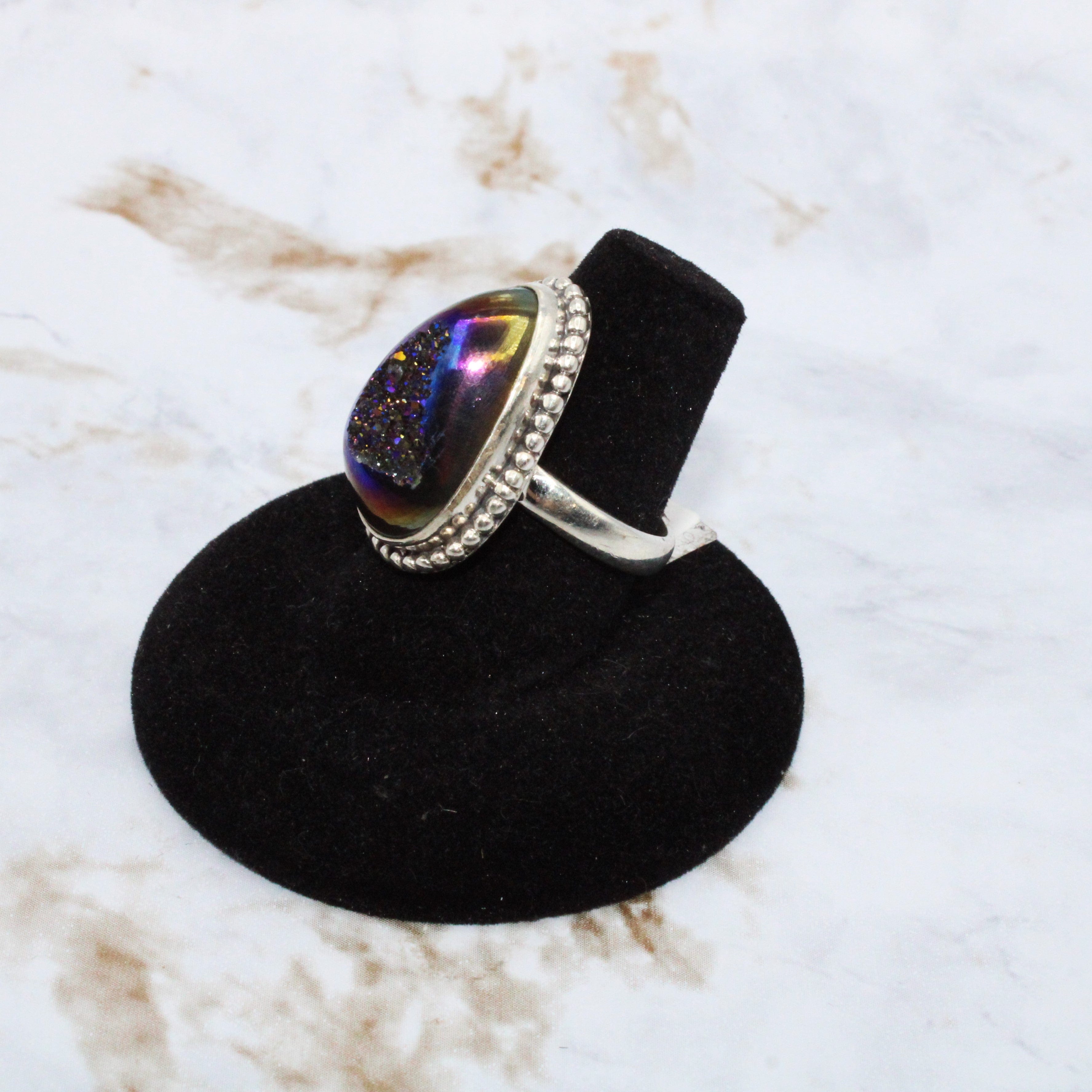 Aura Druzy Ring for Women - Size 7.75 Sterling Silver Adjustable Statement Ring - Perfect for Everyday Wear, Gift Giving & Special Occasions