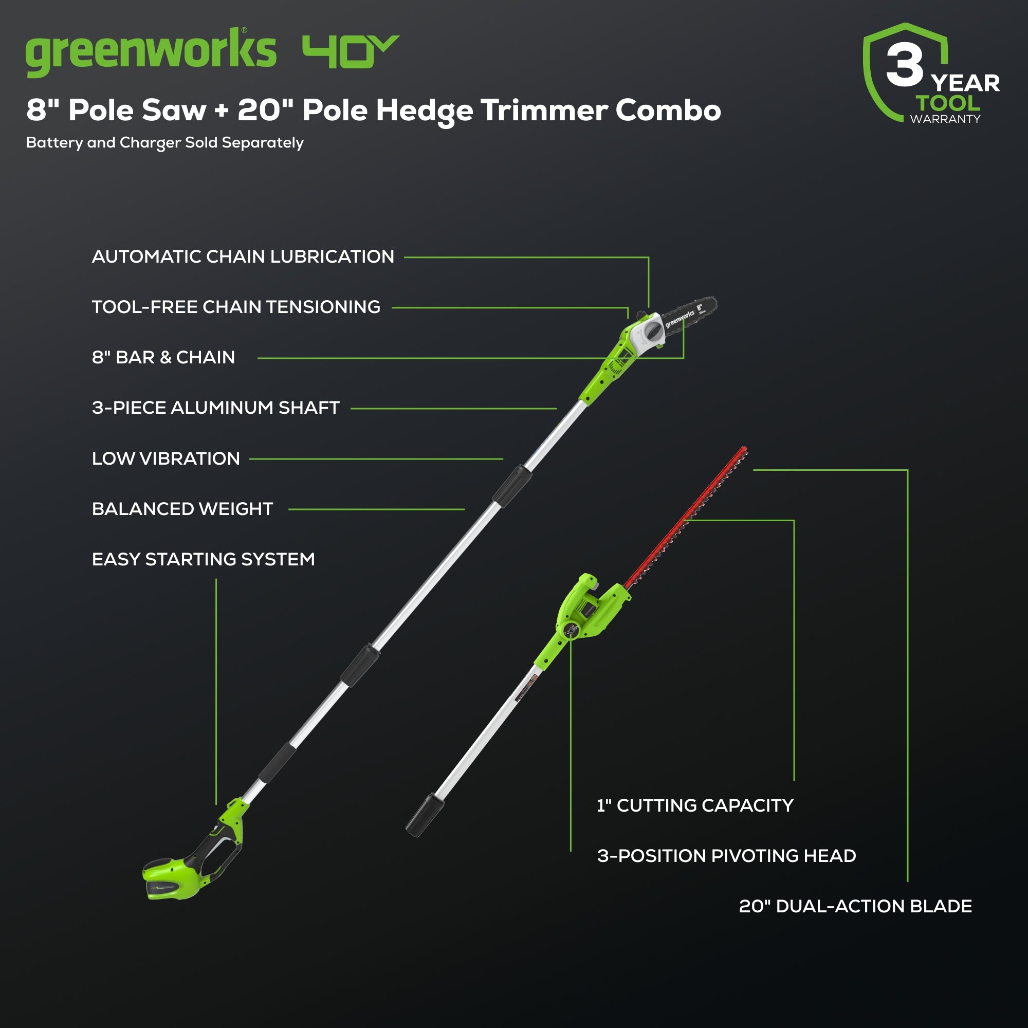 40V Cordless Pole Saw with 8-Inch Bar & Hedge Trimmer Attachment Combo Kit (Tool Only) - Perfect for Tree Trimming, Landscaping & Yard Maintenance