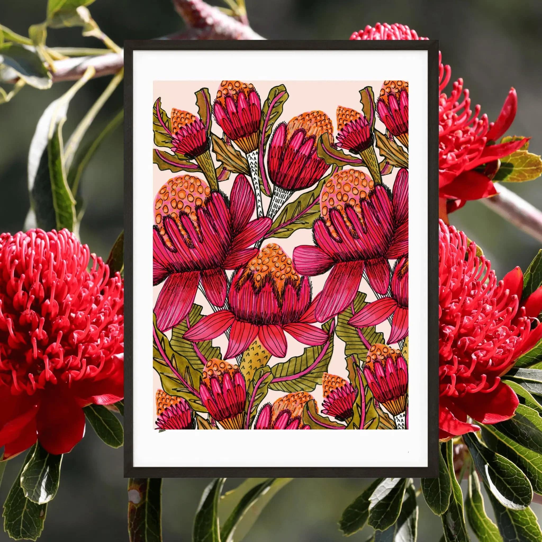 Waratahs Wall Art Print - Australian Native Flower Canvas Painting - Perfect for Home Decor, Living Room, Bedroom & Office