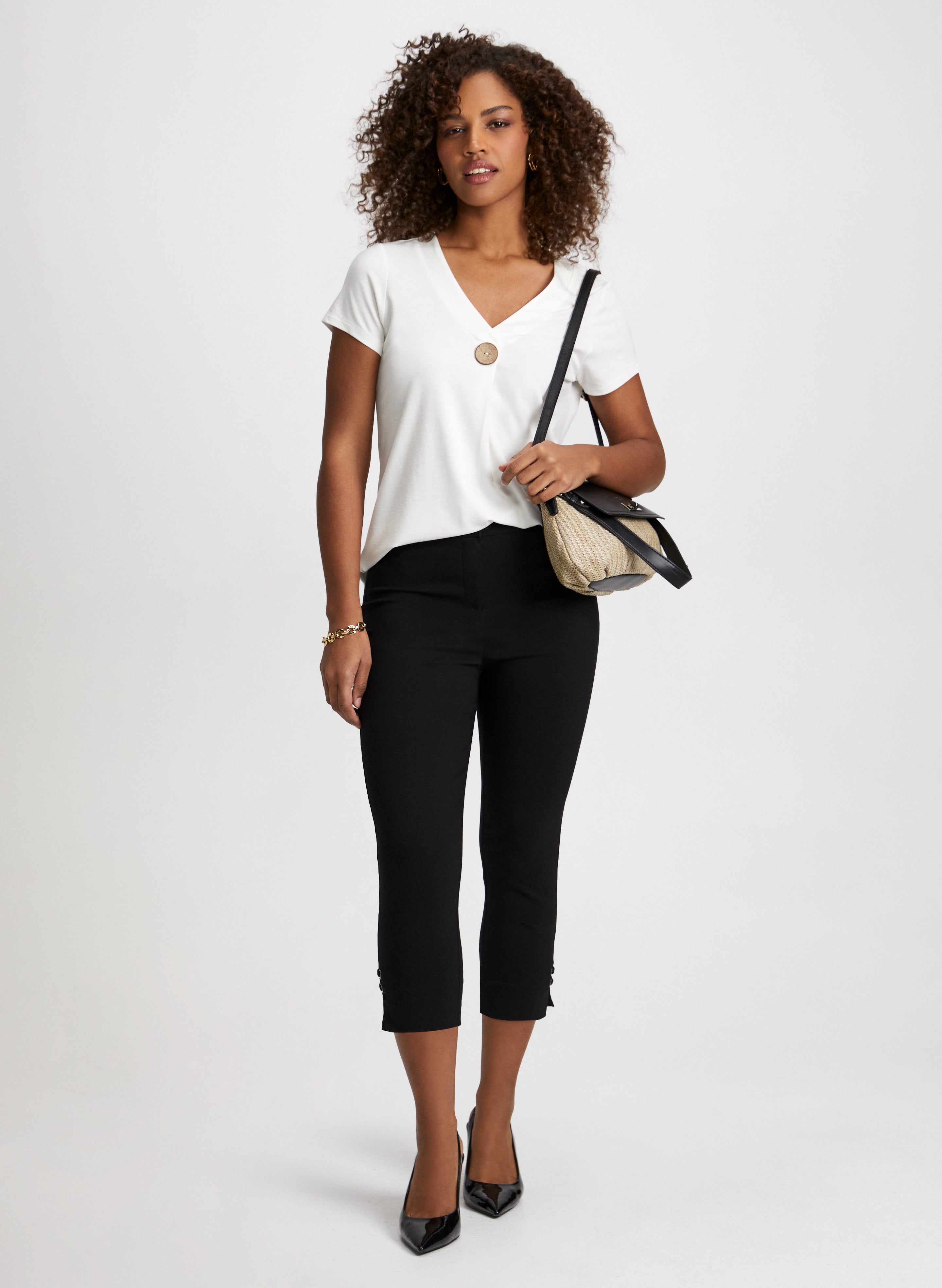 Stylish Button-Down Tee & Slim Fit Capri Pants for Women - Perfect for Casual Outings, Workwear, and Weekend Errands