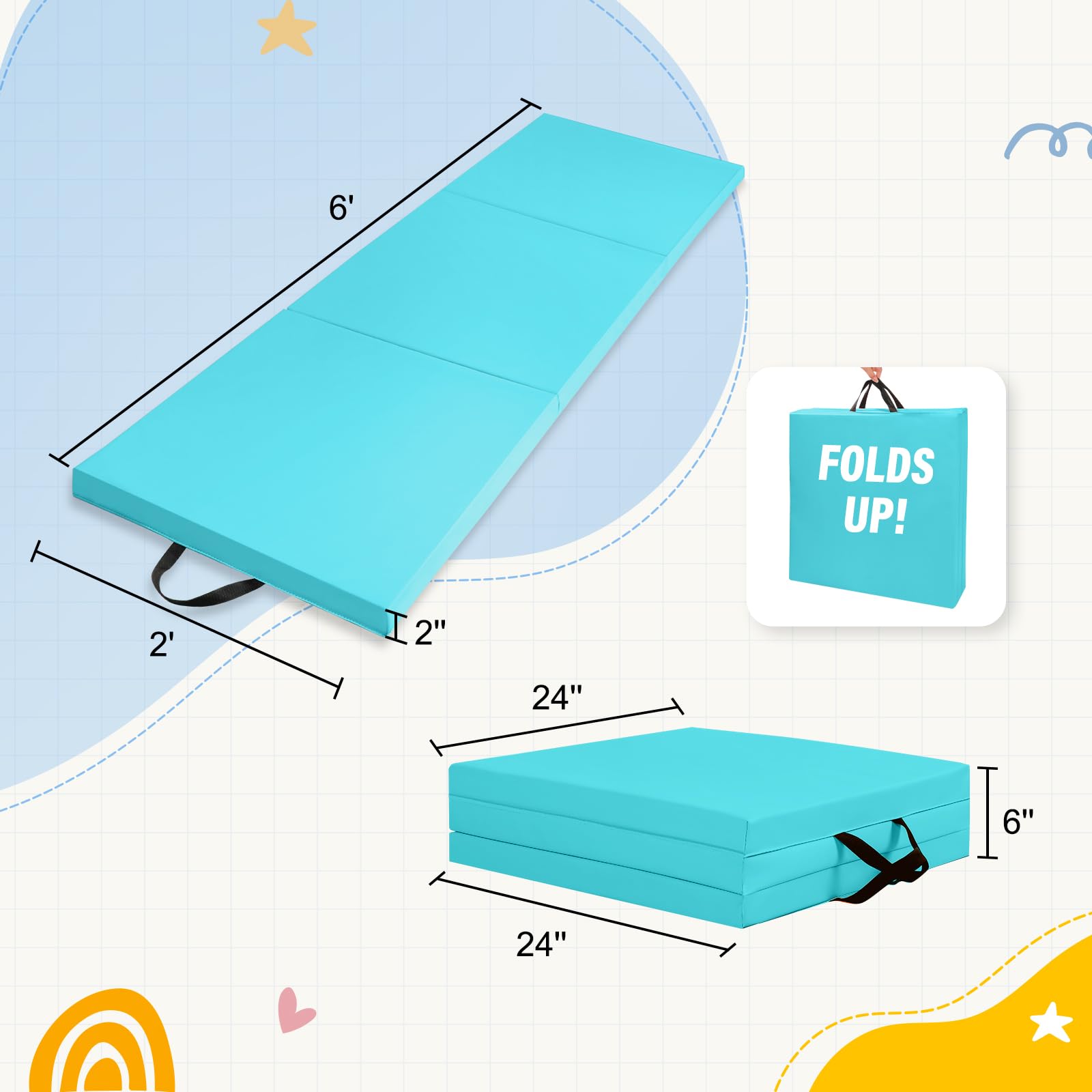 Outroad 6/8/10 Feet Foldable Gymnastics Mat - PU Leather Tumbling Exercise Mat with Hook & Loop Fastener for Yoga, Stretching, Cheerleading & Martial Arts | Home Gym, Fitness & Aerobics Workout Mat for Adults & Kids