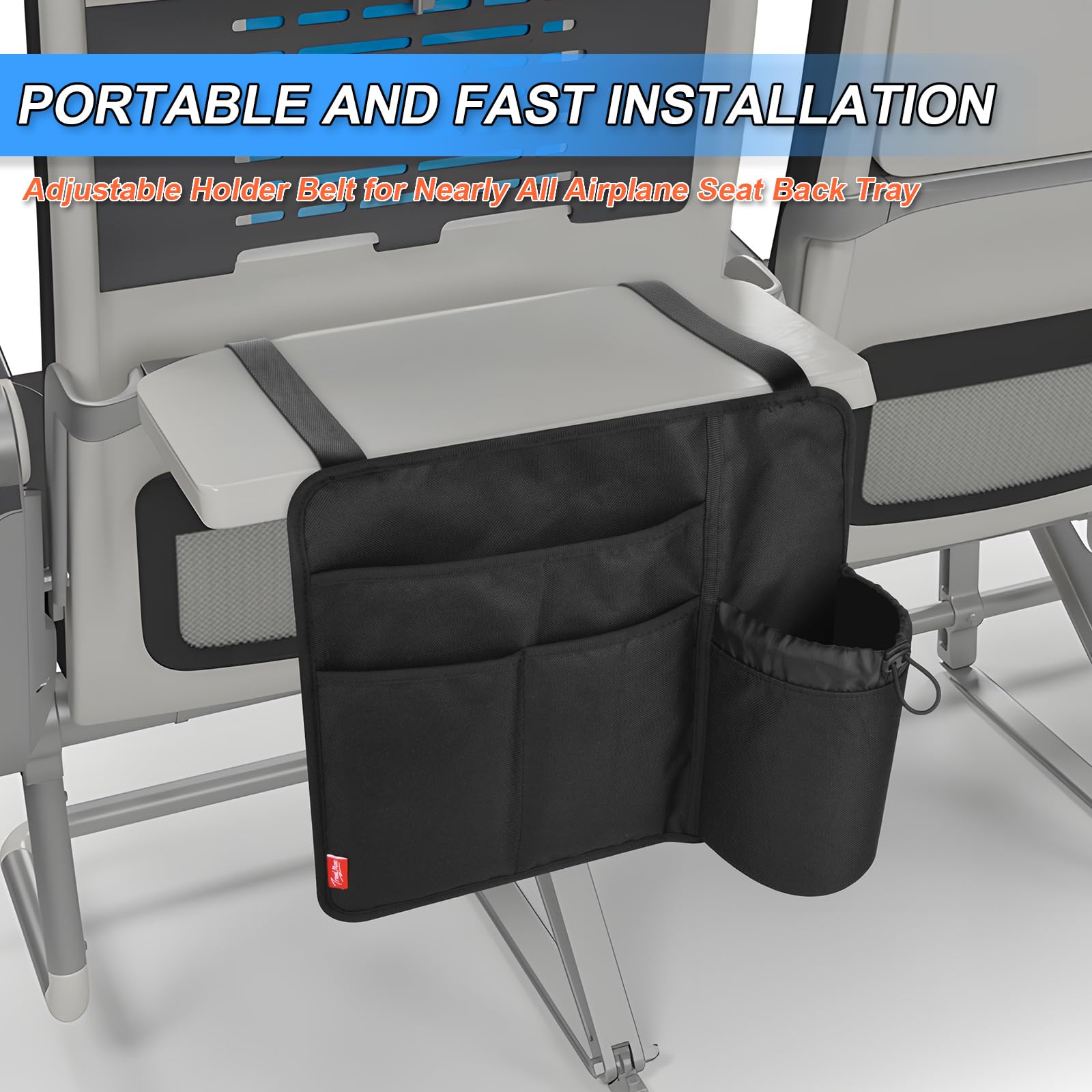 Airplane Seat Back Organizer with Storage Pockets - Reusable Travel Essentials Holder for Tablets, Cell Phone & Water Bottle - Tray Table Cover & Media Pouch for Airlines (Black) | Perfect for Long Flights & Family Travel