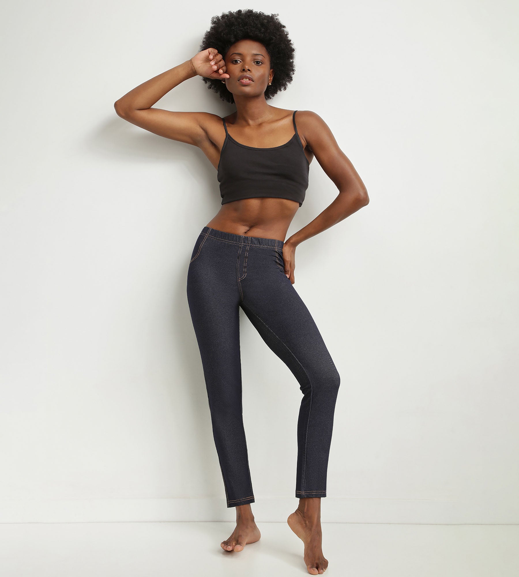 Women's High Waist Jean Effect Leggings - Navy Blue with Pockets - Stretchy & Comfortable for Yoga, Running, Workout & Everyday Wear