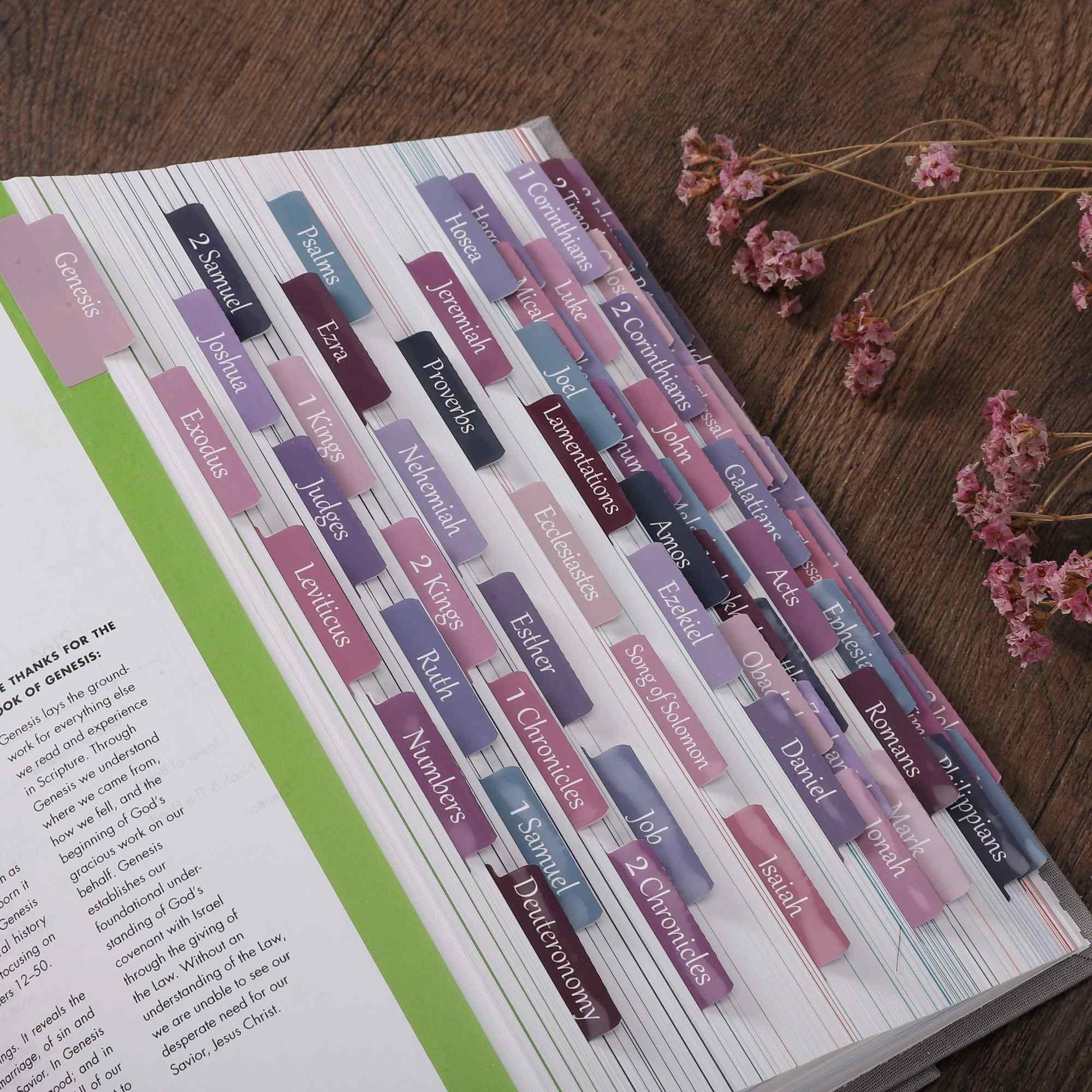 Thinkor Laminated Bible Tabs - Large Print Repositionable Christian Gift for Women & Men - Easy to Read Bible Journaling Tabs (Purple & Pink) - Perfect for Bible Study, Scripture Organization & Church Gifts