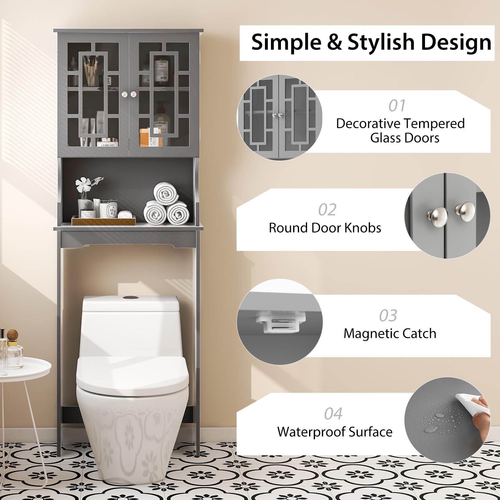 Over The Toilet Storage Cabinet - Wooden Bathroom Organizer with Adjustable Shelves, Double Doors & Open Storage - Space Saving Freestanding Toilet Rack Unit (Gray) - Perfect for Small Bathrooms, Apartments & Dorm Rooms