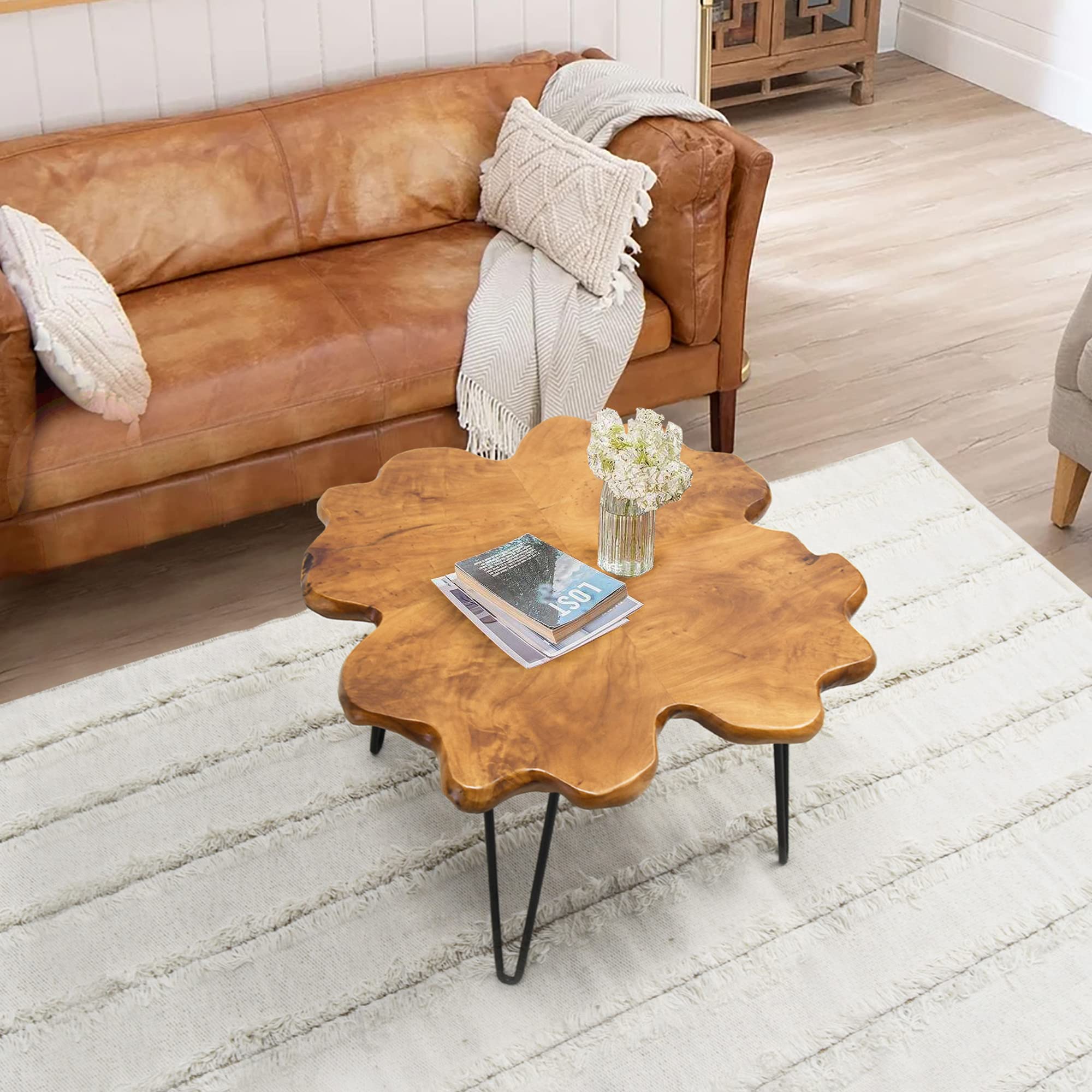Rustic Cedar Wood Coffee Table with Four-Leaf Clover Pattern - 27