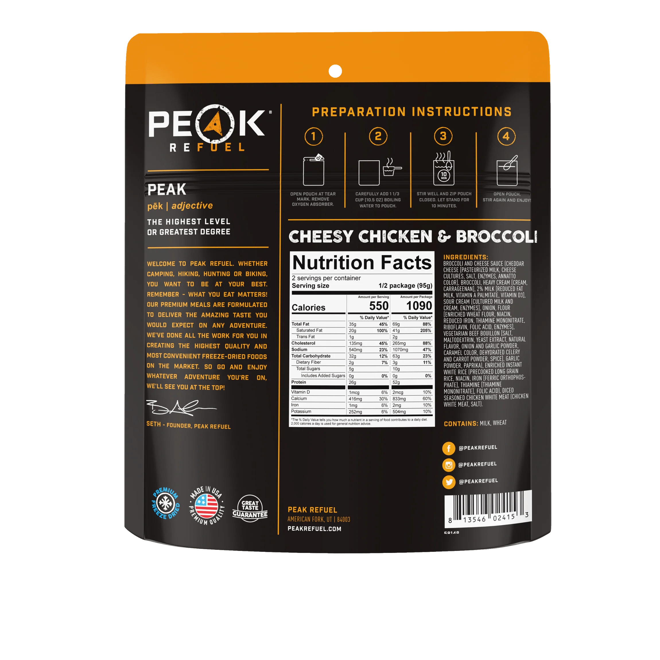 PEAK REFUEL Cheesy Chicken and Broccoli Freeze-Dried Meal - High Protein Backpacking & Emergency Food for Camping, Hiking, Survival