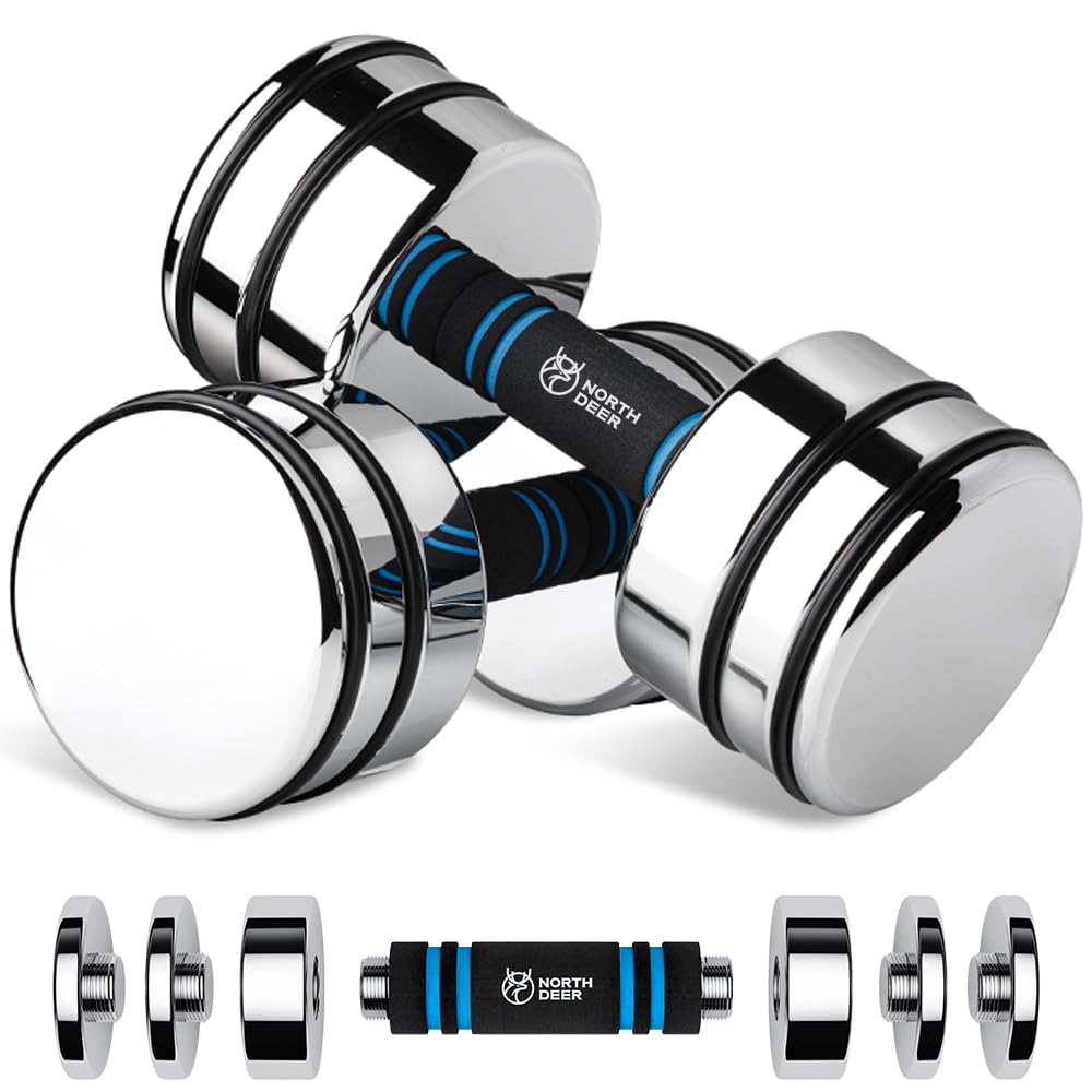 Northdeer Adjustable Chrome Dumbbell Set 5lb-50lb with Foam Handles - Compact Home Gym Equipment for Strength Training, Weightlifting & Full Body Workout - Perfect for Small Spaces, Home Fitness & Personal Training
