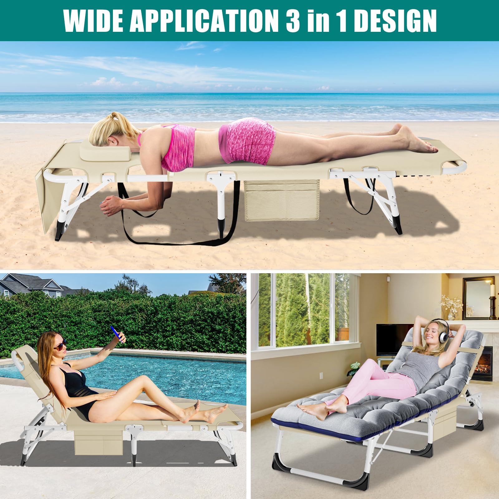 DoCred Heavy Duty Tanning Chair with Face Hole - Adjustable 5-Position Folding Chaise Lounge for Outdoor, Beach, Pool & Camping | Portable Sunbathing Chair for Backyard, Lawn & Travel | Perfect for Relaxing, Tanning & Lounging