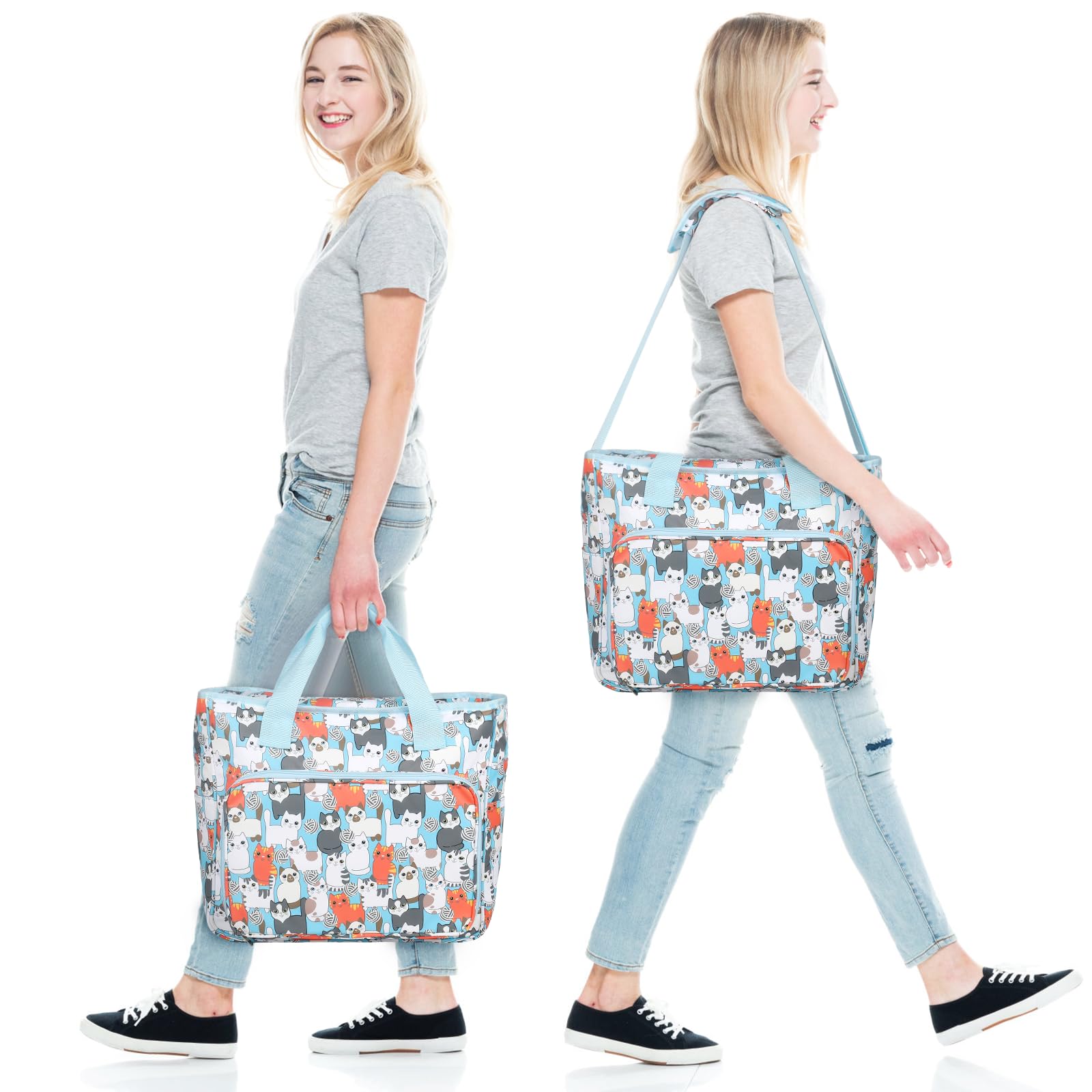 Crochet Bag for Yarn Storage - Large Knitting Tote with Pockets for Needles & Hooks | Travel & Craft Projects - Blue Cat Design