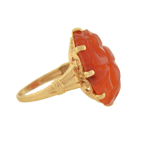 Vintage Art Deco 10kt Gold Carved Carnelian Ring for Women - Elegant Statement Jewelry for Weddings, Parties & Special Occasions
