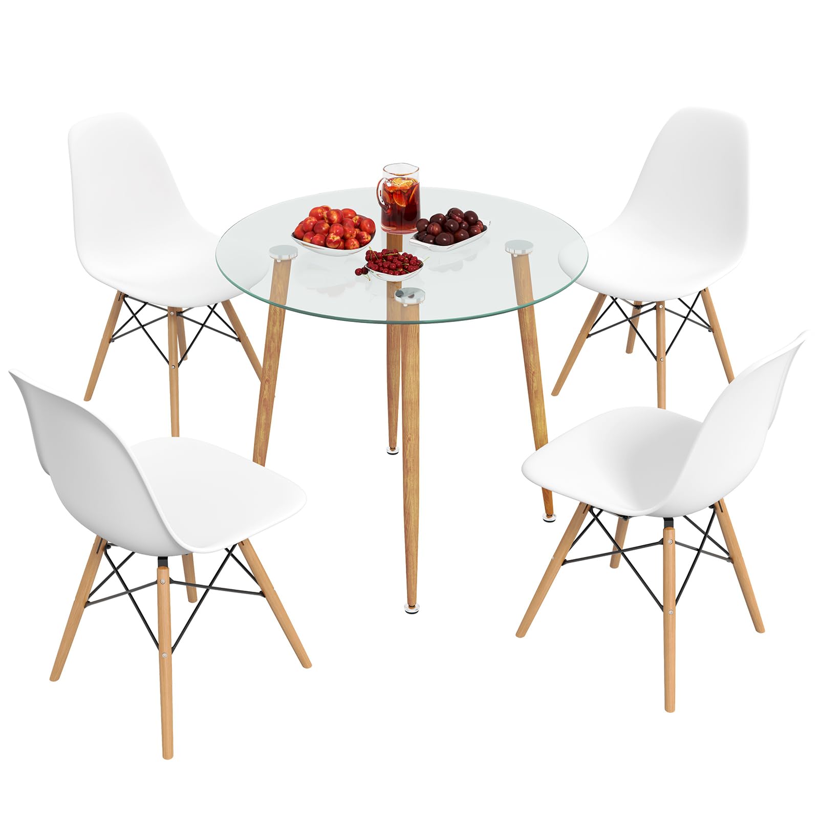 Tangkula 5-Piece Round Dining Table Set for 4 with Tempered Glass Top & Solid Wood Legs - Kitchen & Breakfast Nook Furniture Set for Small Spaces - Perfect for Apartments, Condos and Cozy Homes