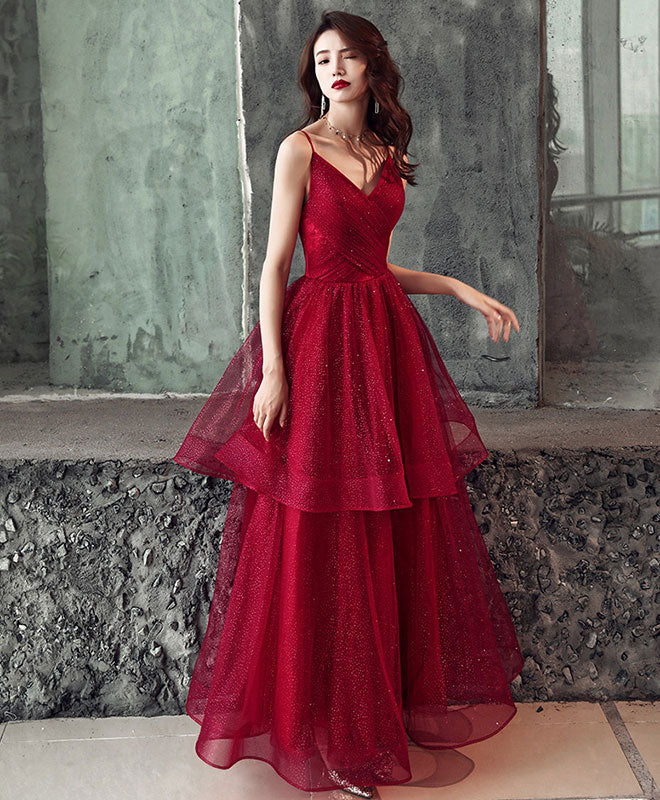 Elegant Burgundy V-Neck Tulle Long Prom Dress - Shiny Evening Gown for Formal Events, Homecoming, Weddings & Special Occasions