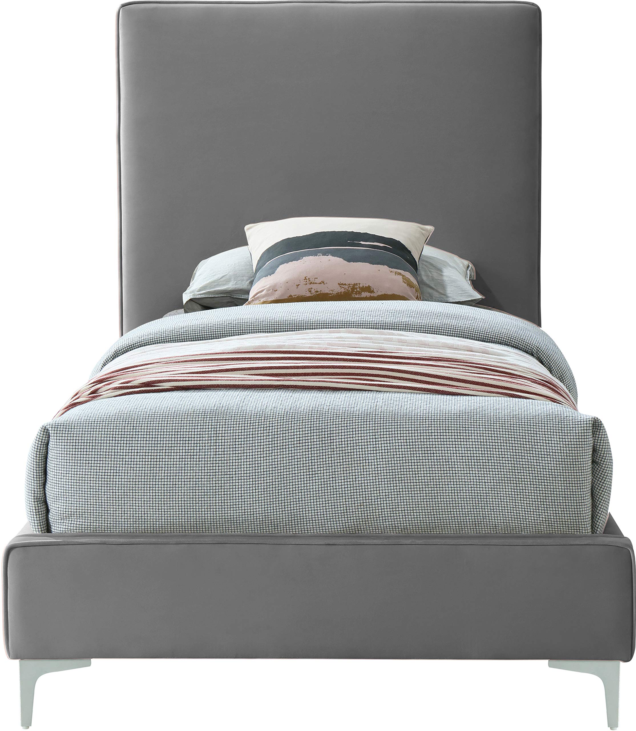 Modern Velvet Upholstered Twin Bed with Gold/Chrome Finish - Geri Collection by Meridian Furniture | Luxury Bedroom Decor for Contemporary Homes & Guest Rooms