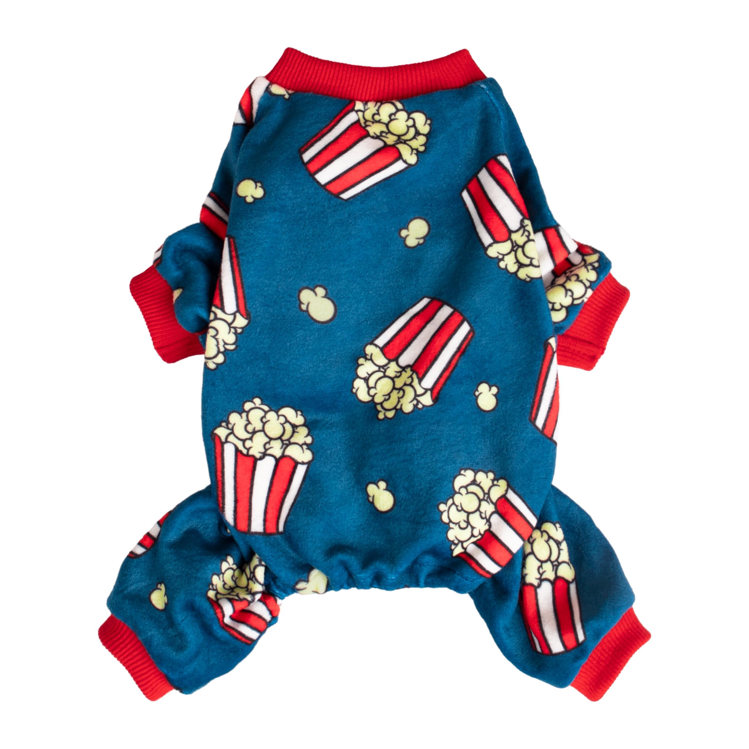 Fitwarm Popcorn Dog Pajamas - Funny Fleece Pet Onesie with Feet for Small Dogs (Blue, Red, White, Yellow, Medium) - Cozy Winter Sleepwear for Puppies & Indoor Lounging