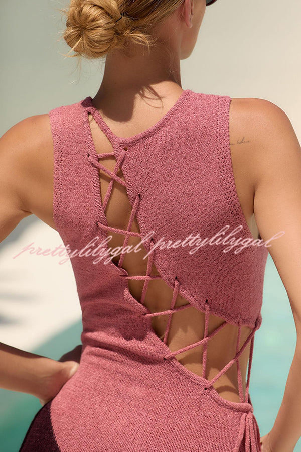 Stylish Sunday At The Beach Knit Color Block Hollow Lace Up Cover Up Maxi Dress - Perfect for Beach Vacations, Pool Parties & Summer Outings