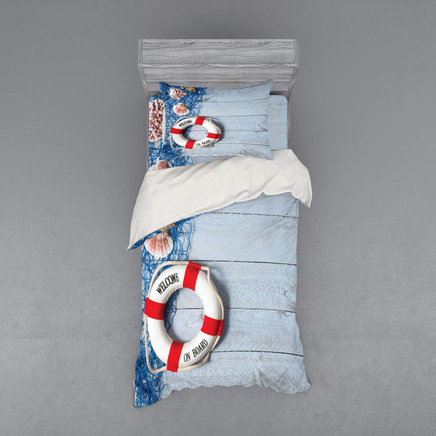 Ambesonne Coastal Duvet Cover Set - 3 Piece Twin Size Bedding with Sham & Fitted Sheet, Nautical Boat Life Design with Fishing Net, Seashell & Wood Floor Pattern in Dust Blue & Red | Perfect for Beach House Decor, Guest Room or Coastal Themed Bedroom