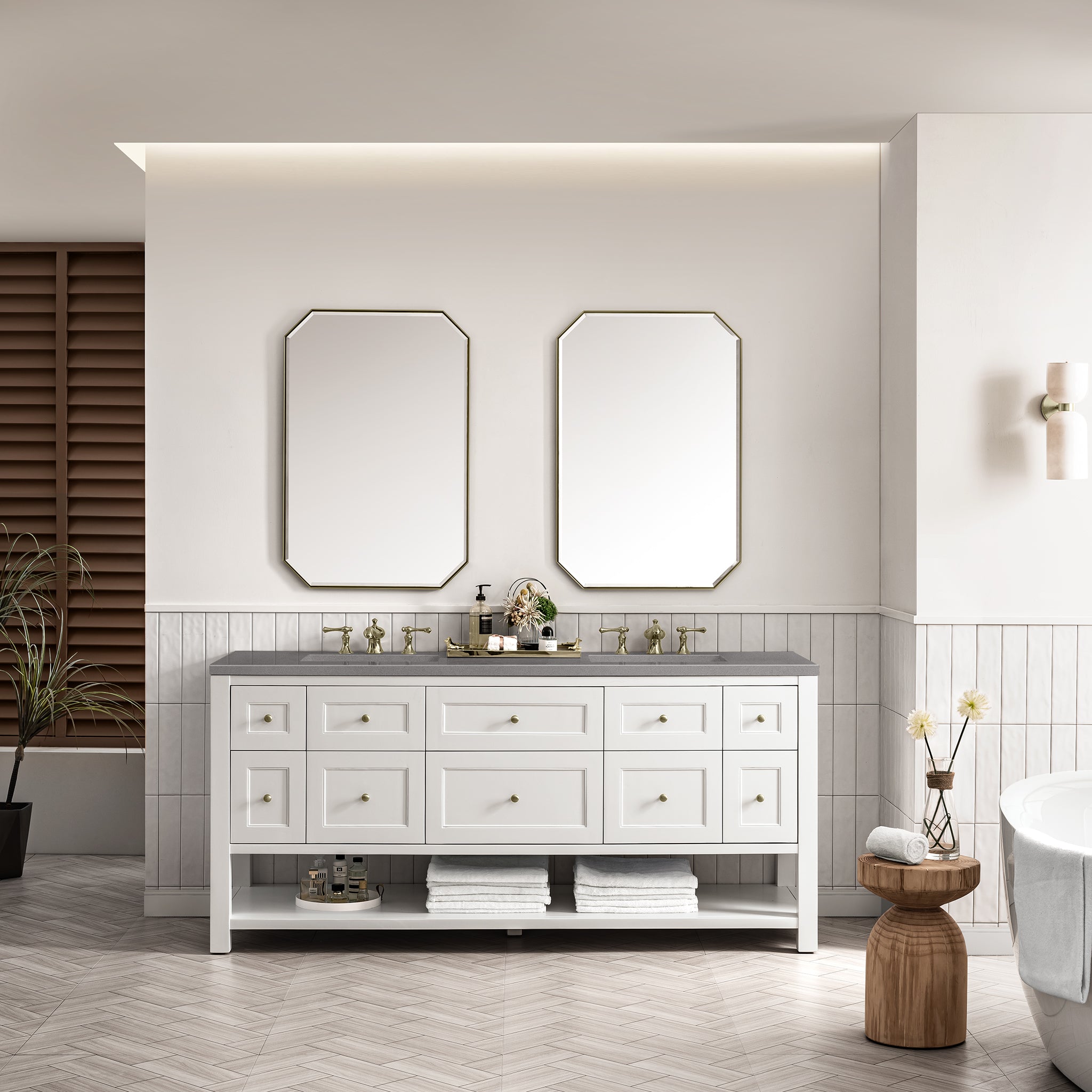 Breckenridge 72-Inch Double Vanity with Bright White Finish & 3CM Grey Expo Top - Perfect for Modern Bathroom Renovations & Master Suite Upgrades