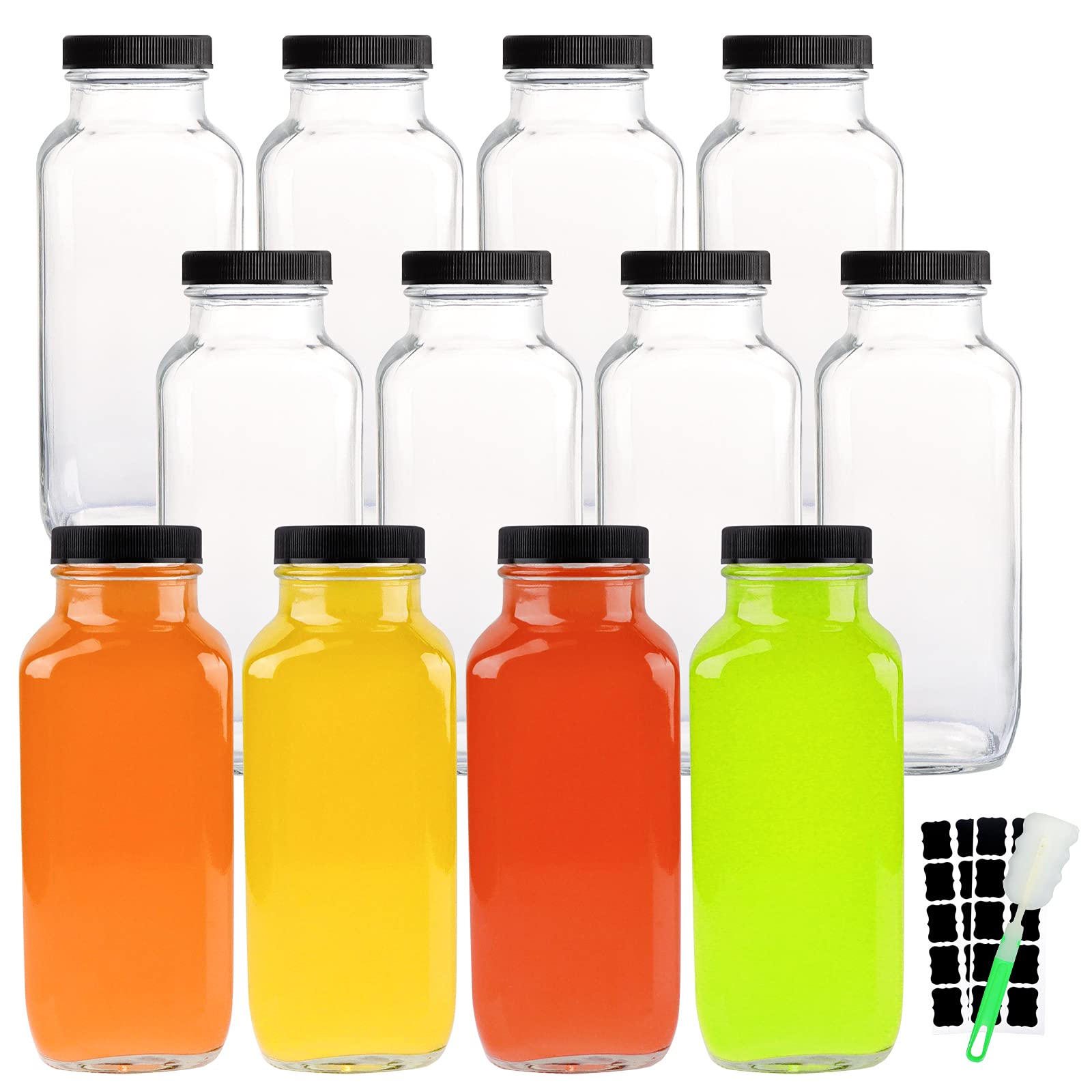 16 oz Glass Drink Bottles Set of 12 - Vintage Style Reusable Water Bottles with Lids & Bonus Labels + Sponge Brush - Perfect for Juice, Milk, Kombucha, Iced Tea & Homemade Beverages - Great for Home, Office, Picnics & Meal Prep Storage
