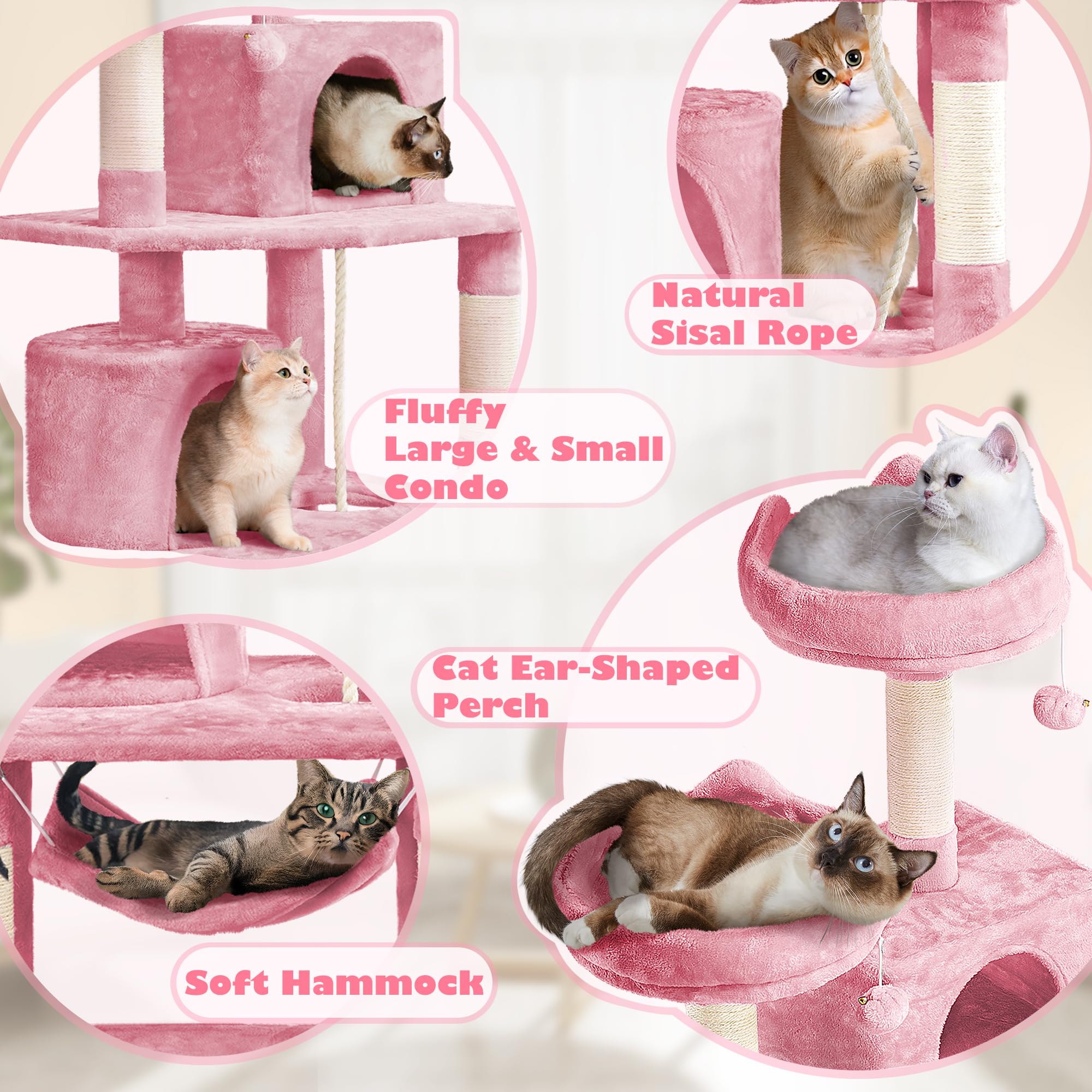 Yaheetech 62.2 Inch Large Cat Tree with Hammock, Cat Condo & Scratching Posts - Multi-Level Cat Tower Activity Center for Indoor Cats - Perfect for Play, Rest & Climbing (Pink)