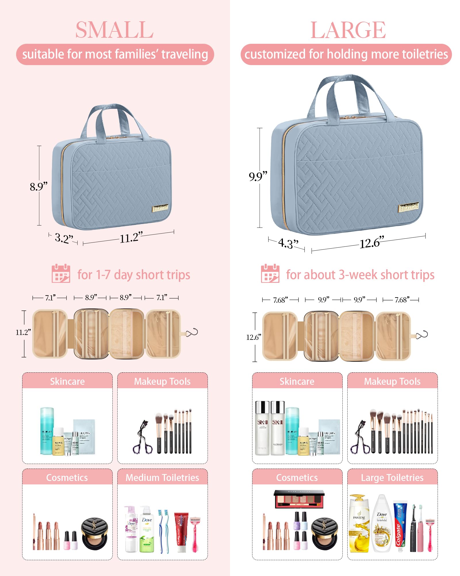 HOTOR Hanging Travel Toiletry Bag for Women & Men - Waterproof Makeup Organizer with Large Compartments - Perfect for Vacation, Camping & Business Trips - Light Blue Medium Cosmetic Bag (Ideal for Toiletries, Makeup & Travel Essentials)