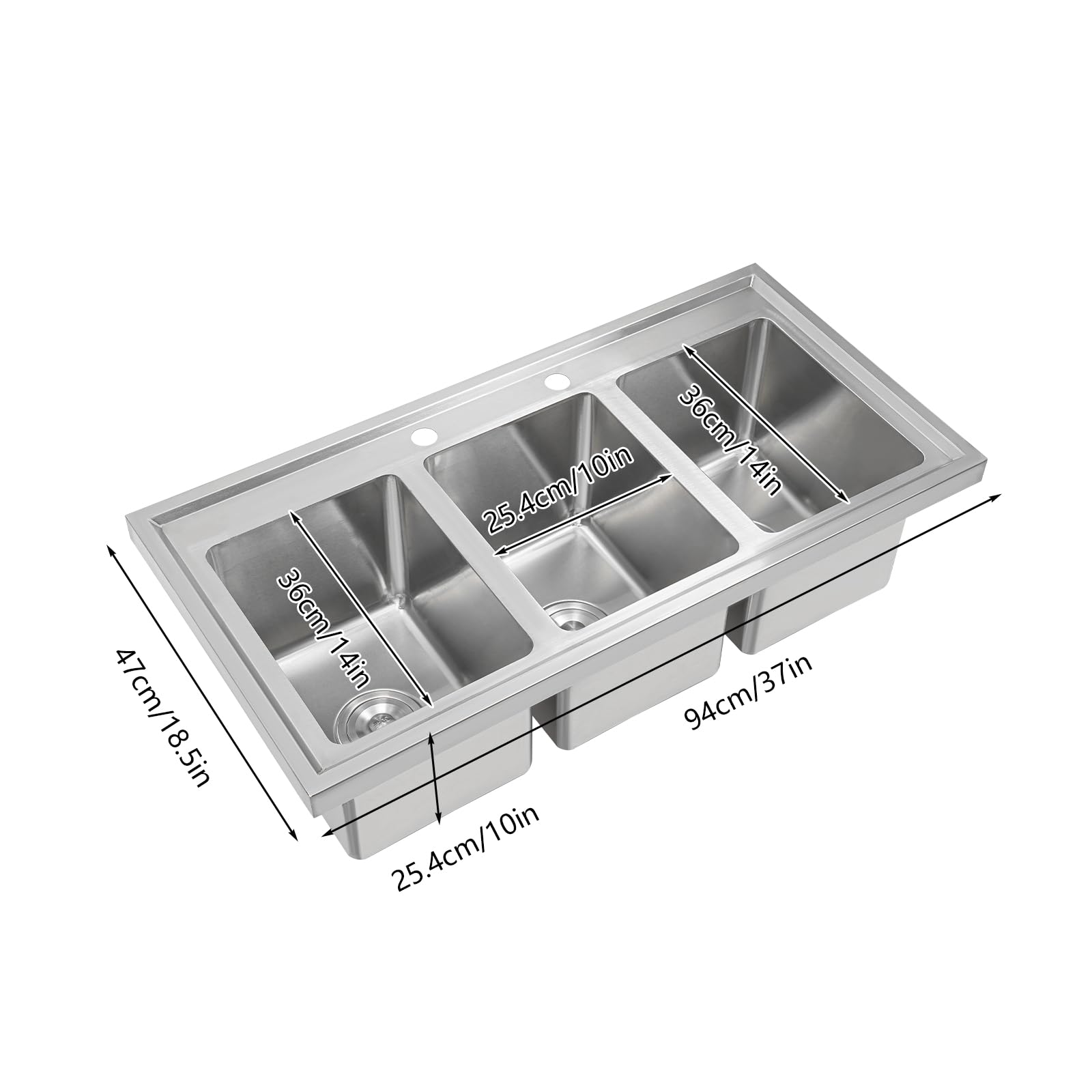 3 Compartment Stainless Steel Drop-In Sink for Commercial Kitchens | 37x18.5x10 Inch Heavy Duty Workstation Sink | Ideal for Restaurants, Catering, and Food Prep Areas