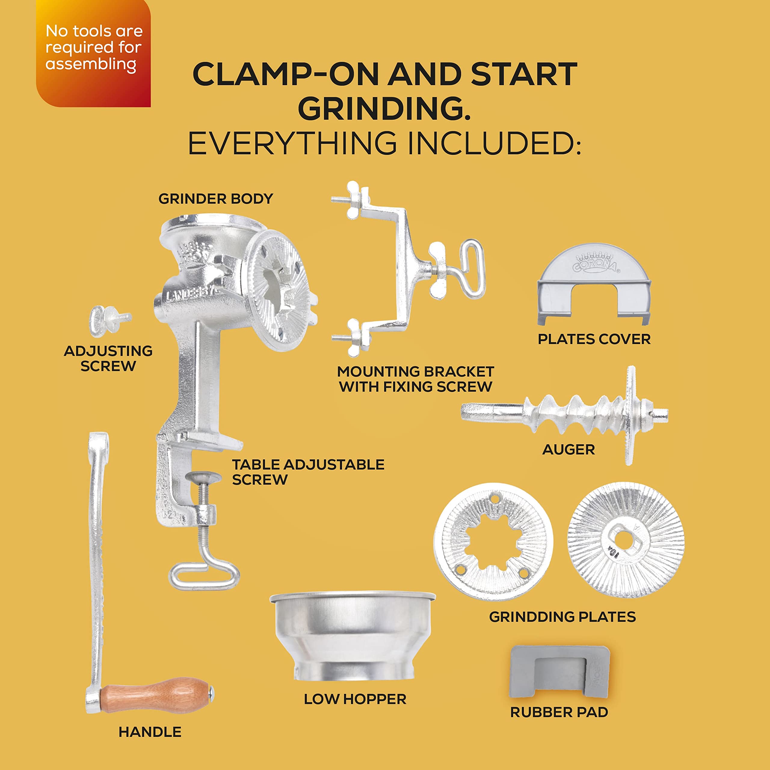 Premium Cast Iron Manual Corn Grinder - Low Hopper Grain Mill for Corn, Rice, Soybeans, Pepper & Chickpeas | Hand Crank Wheat Grinder for Home Use | Perfect for Baking, Camping & Emergency Food Prep