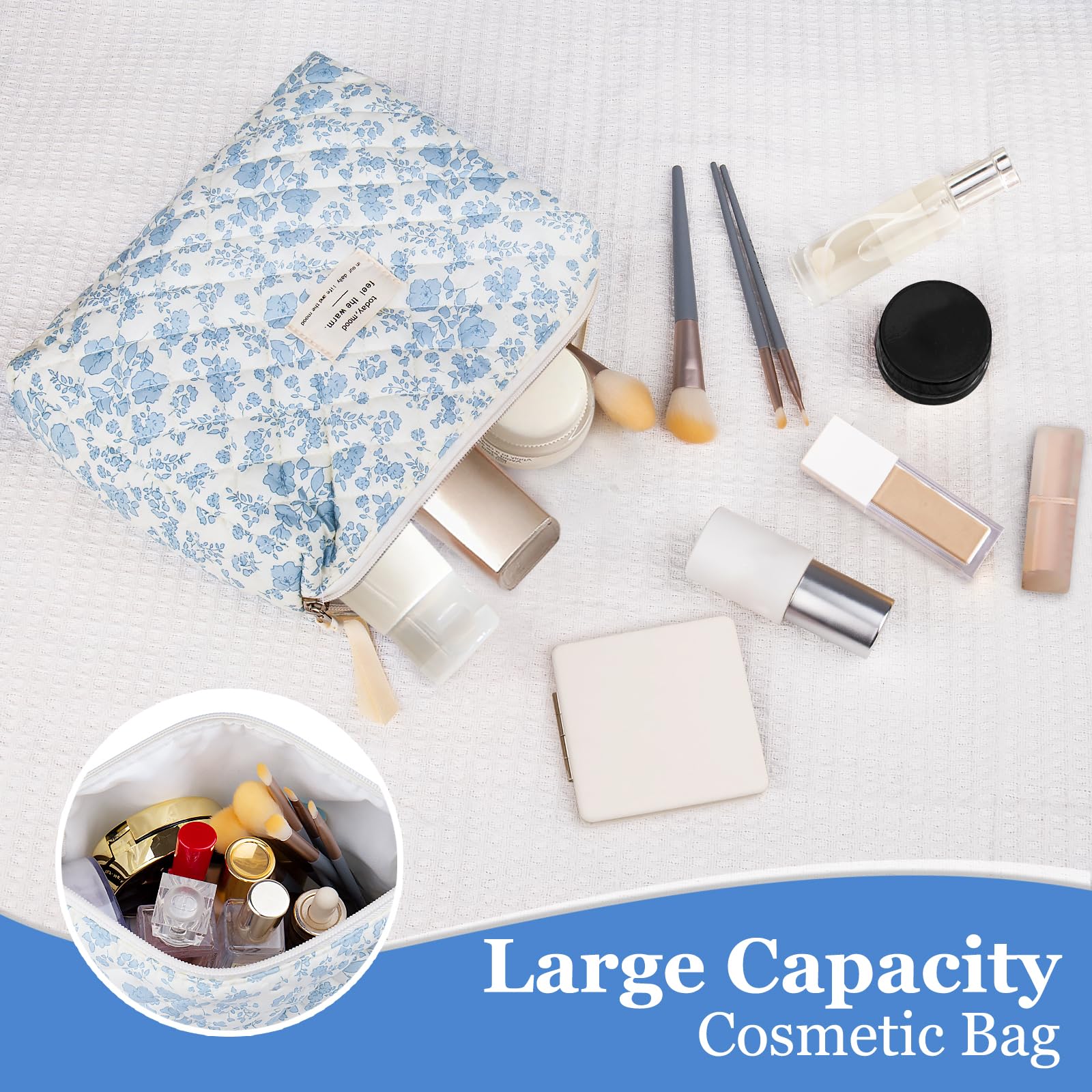 Floral Makeup Bag for Women - Large Quilted Cosmetic Pouch, Blue Flower Travel Organizer for Toiletries & Beauty Essentials
