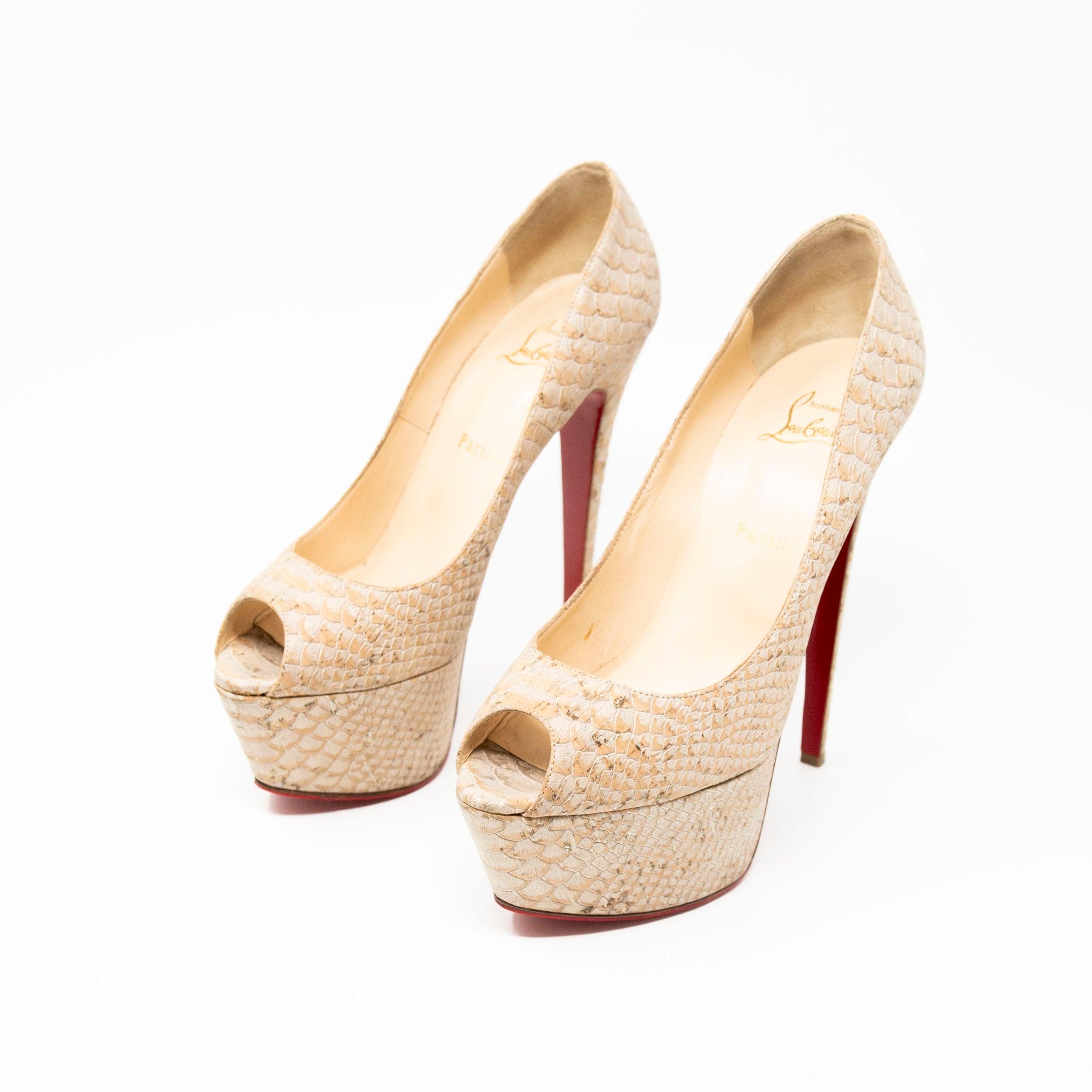 Christian Louboutin Beige Snake Print Lady Peep Toe Pumps Size 40.5 - Elegant High Heels for Women, Perfect for Parties, Weddings & Evening Events