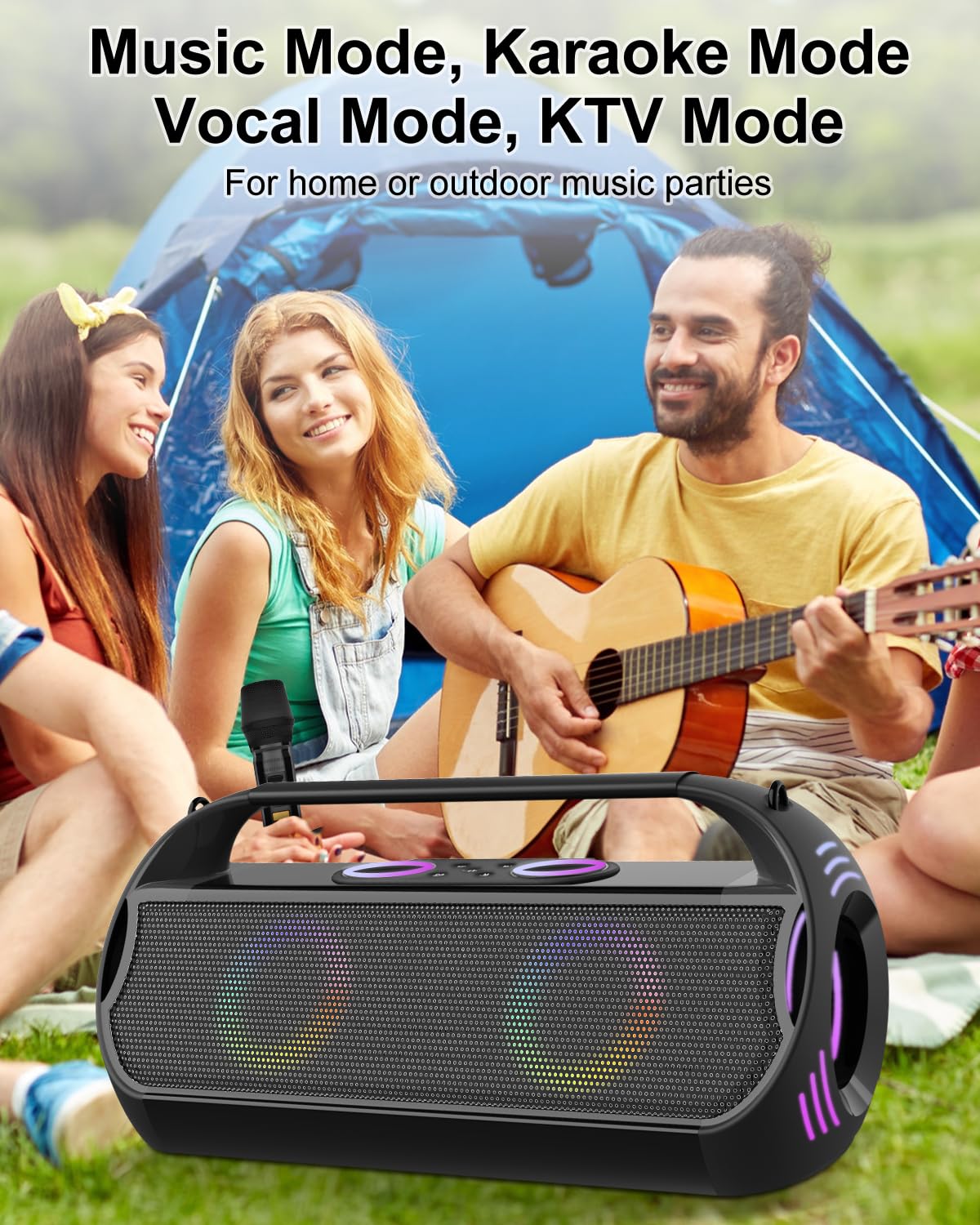 160W Karaoke Machine with 2 Wireless Microphones - Bluetooth Speaker, 20H Playtime, LED Light Show, 2+2 Stereo, Bass Boost 3.0 - Supports RC/REC/HP/AUX/USB/TF - Perfect for Parties, Camping, Outdoor Gatherings & Home Entertainment (Plus-Black)