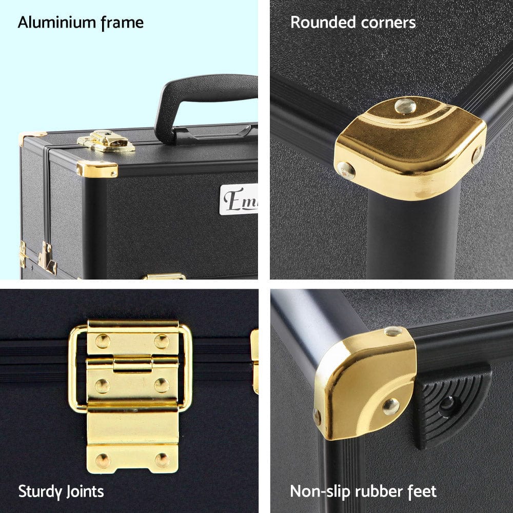Embellir Portable Cosmetic Beauty Makeup Case - Travel Organizer for Makeup Brushes & Cosmetics | Black & Gold | Perfect for Travel, Home & Salon Use