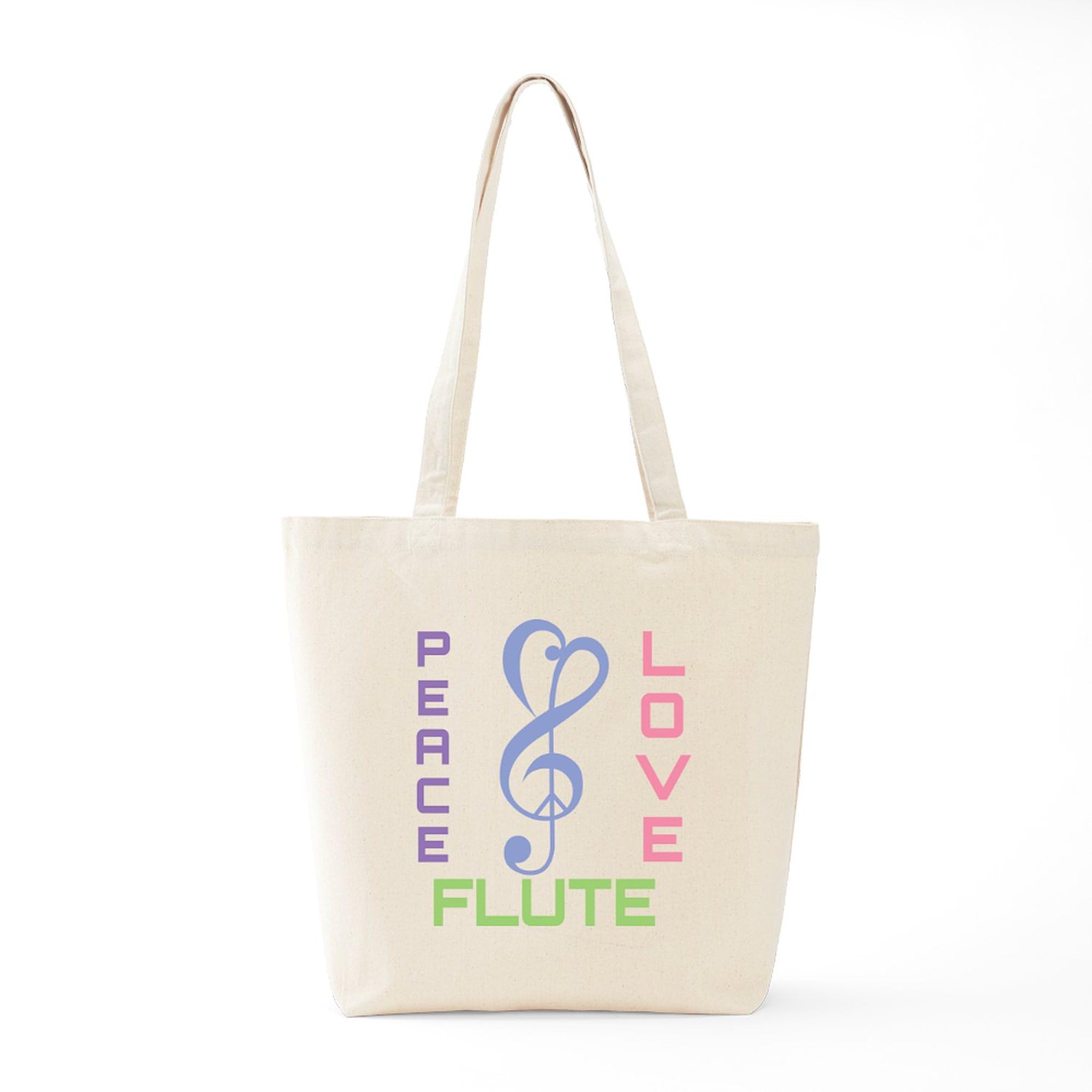 Peace Love Flute Music Tote Bag - Natural Canvas Reusable Shopping Bag for Groceries, Beach, Work & School | Eco-Friendly Cotton Carryall