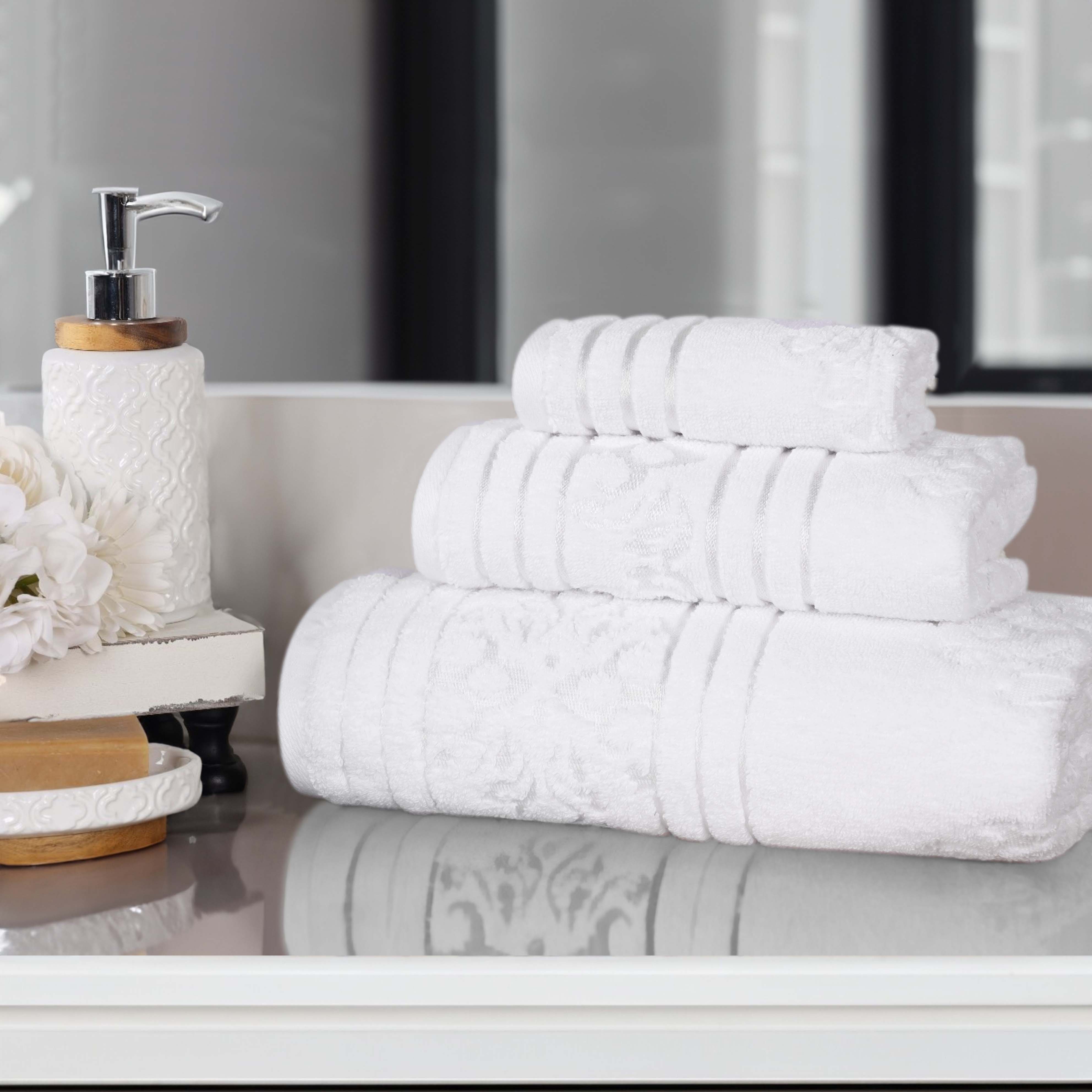 Premium 3-Piece Jacquard Towel Set - 100% Zero Twist Cotton with Elegant Floral Design - Ultra Soft & Absorbent Bath Towels for Spa, Guest Bathroom & Luxury Home Decor