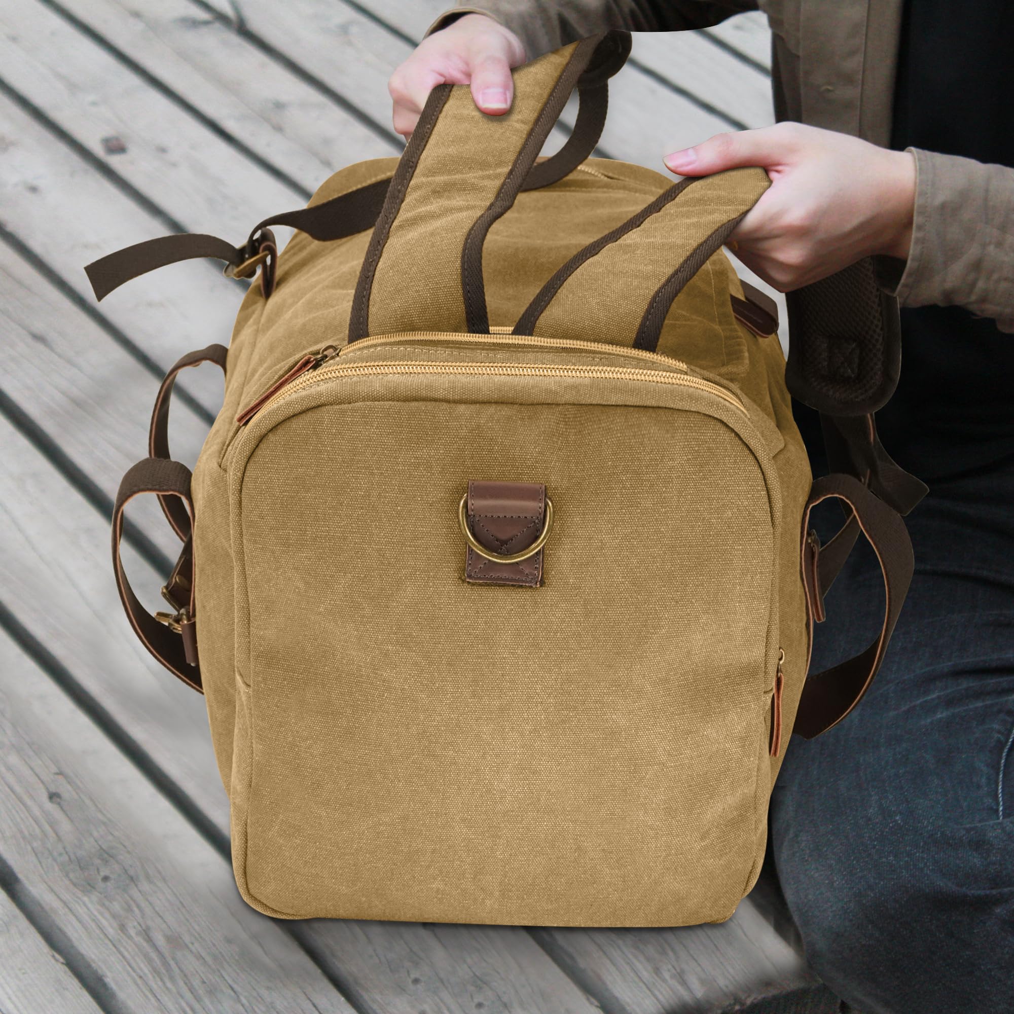 50L Waxed Canvas Duffle Bag for Men - Vintage Genuine Leather Travel Duffel, Weekender Overnight Backpack with Shoes Compartment (Khaki, Large) - Perfect for Gym, Business Trips & Weekend Getaways