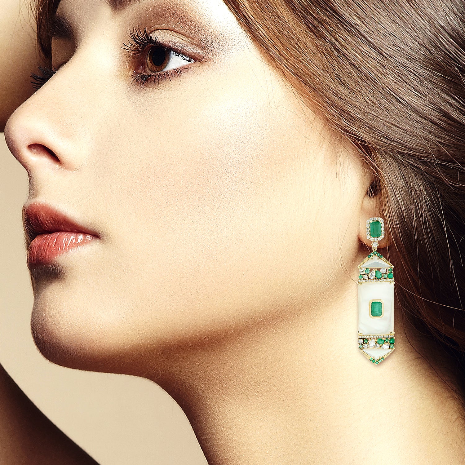 Exquisite Pear Cut MOP & Emerald Sapphire Pave Diamond Dangle Earrings in Yellow Gold - Perfect for Weddings, Parties & Special Occasions